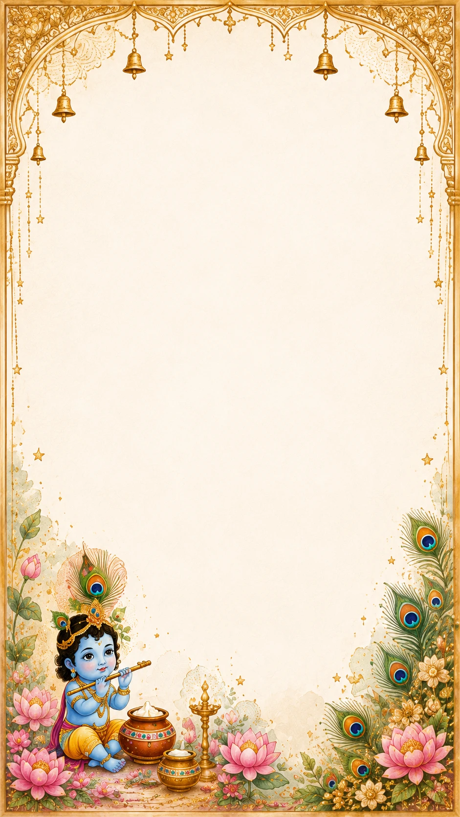 Gold ornate temple arch frame with hanging bells, baby Krishna playing the flute, peacock feathers and lotus flowers