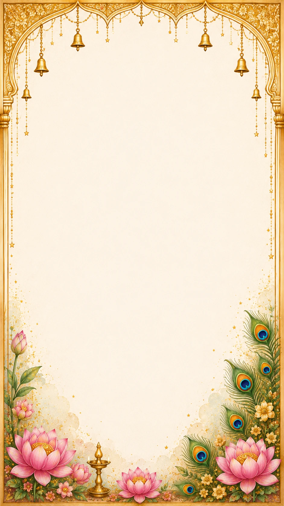 Gold ornate temple arch frame with hanging bells, peacock feathers, lotus flowers and a brass diya