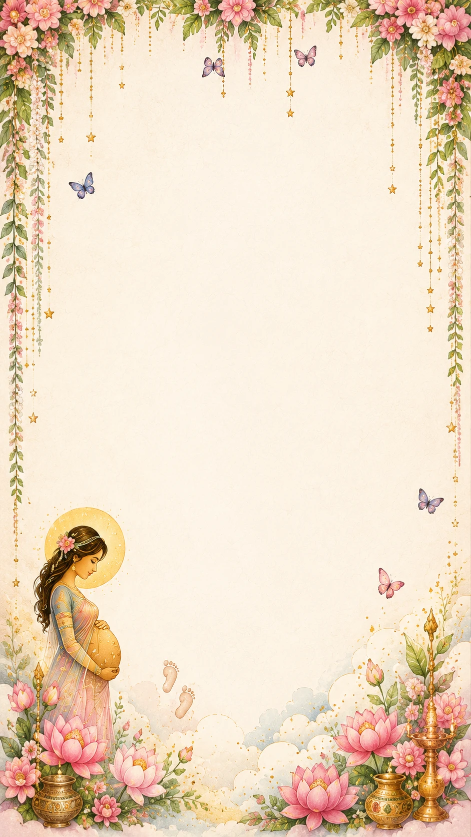 Cream floral watercolor frame with pink lotus, hanging butterflies, gold stars and a glowing mother-to-be silhouette