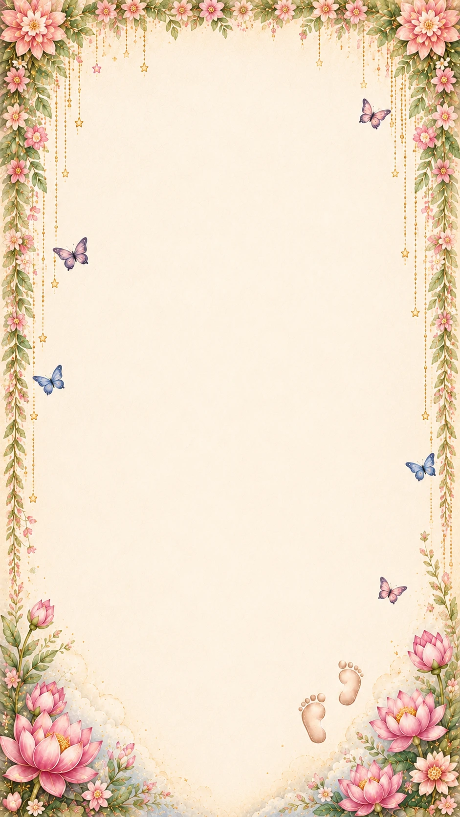 Cream floral watercolor frame with pink lotus, butterflies and tiny baby footprints