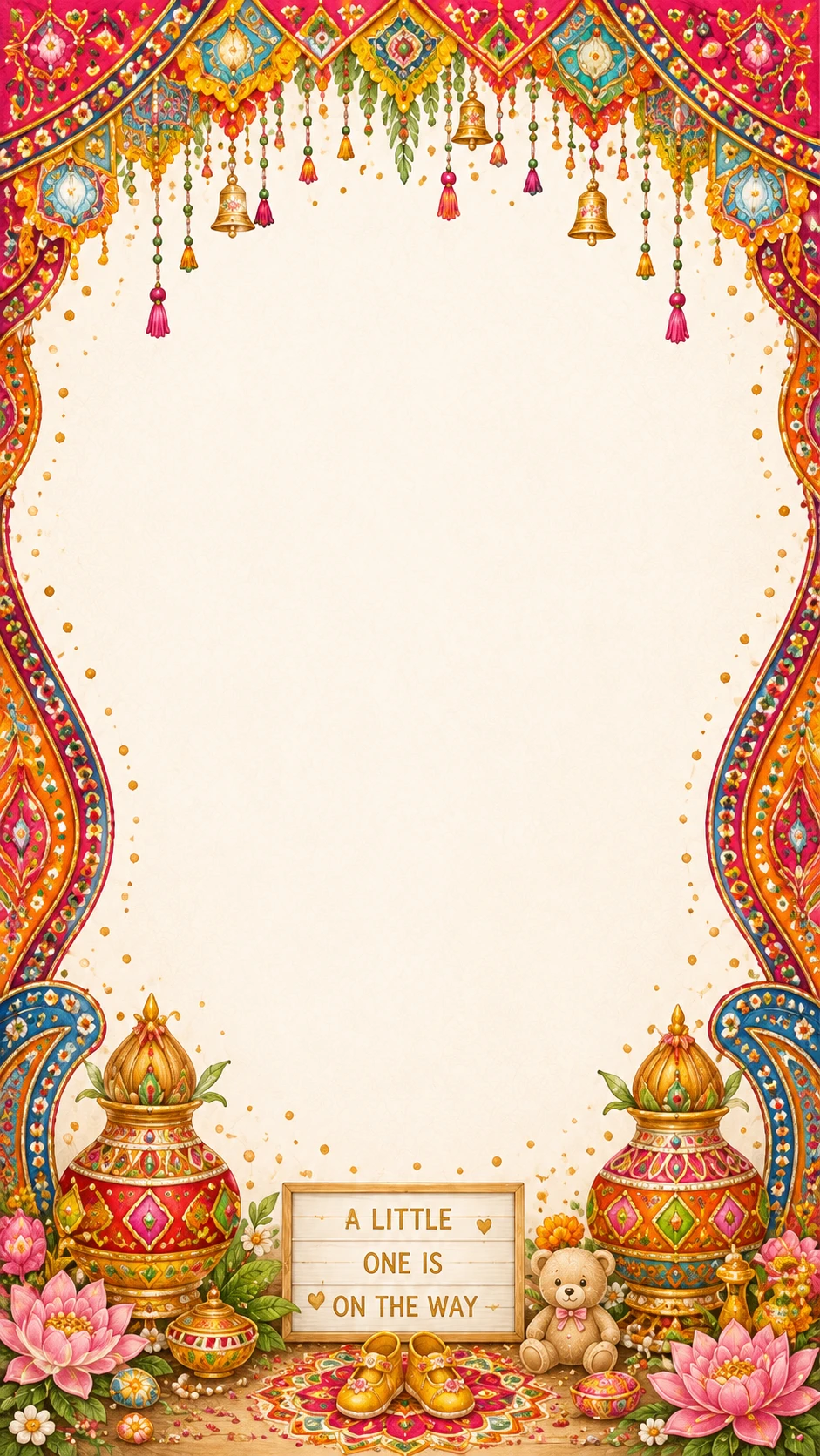Colorful patterned bandhanwar toran border with hanging gold bells and tassels, ornate kalash urns, pink lotus flowers, a wooden signboard, teddy bear and gold baby shoes on a rangoli floor
