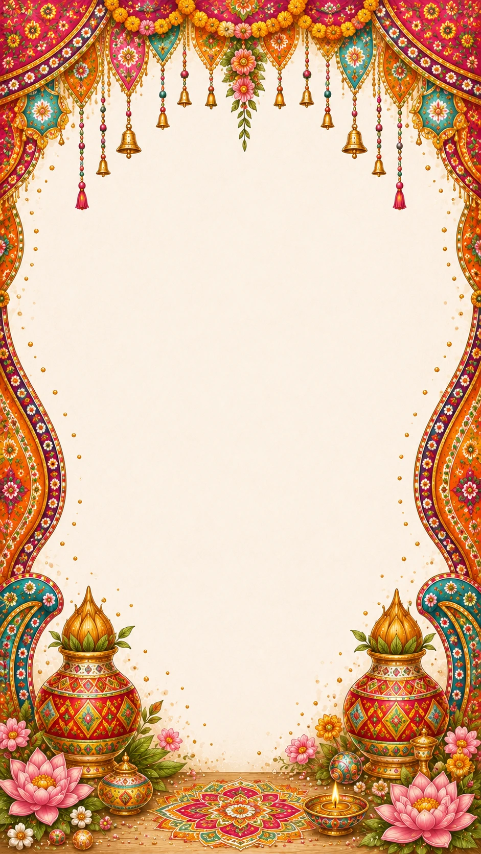 Colorful patterned bandhanwar toran border with marigold garland, hanging gold bells, ornate kalash urns, pink lotus flowers and a lit diya