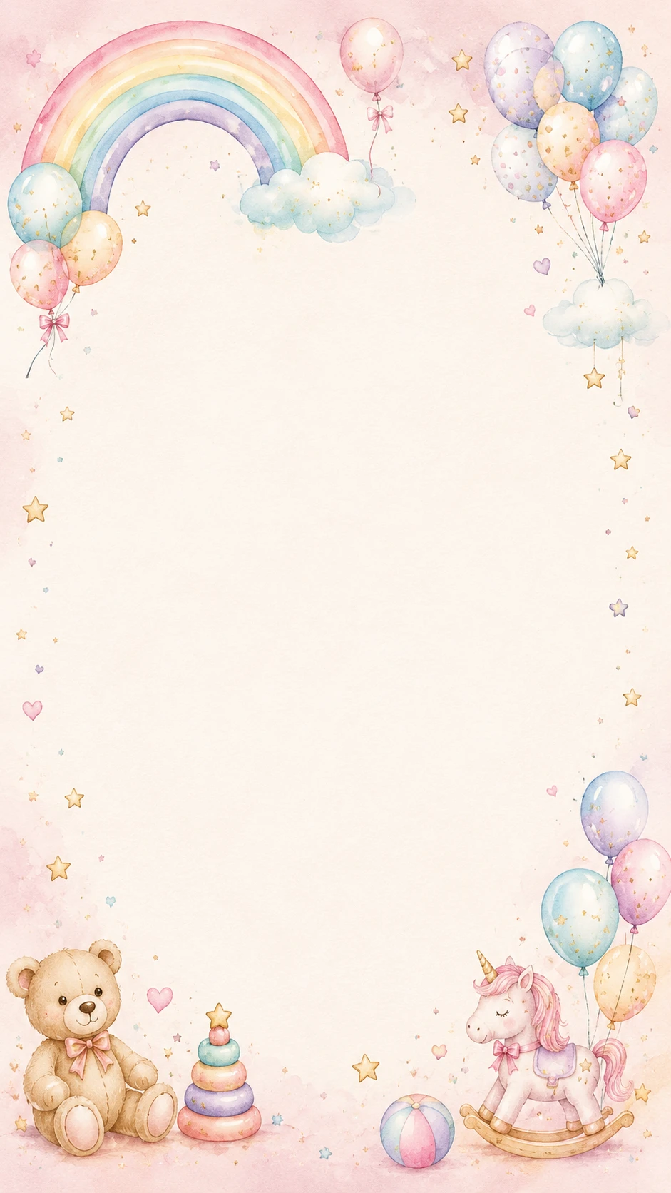 Pastel watercolor rainbow with balloons, clouds and teddy bear