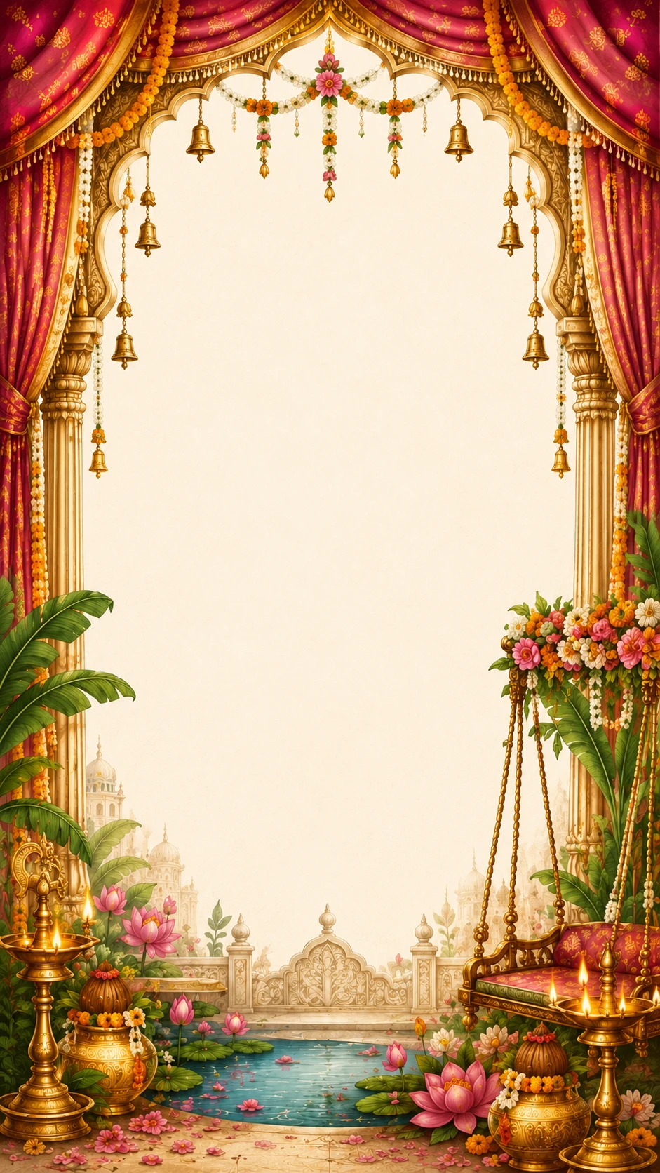 Maroon and gold royal curtain arch with hanging marigold garlands and bells, a golden swing, lotus pond and misty palace domes in the background
