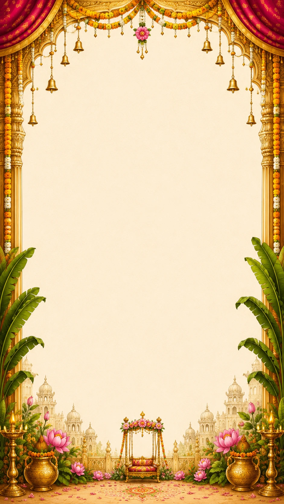 Maroon and gold royal curtain arch with marigold garlands, banana leaf fronds, a small golden swing and brass kalash urns with lotus flowers