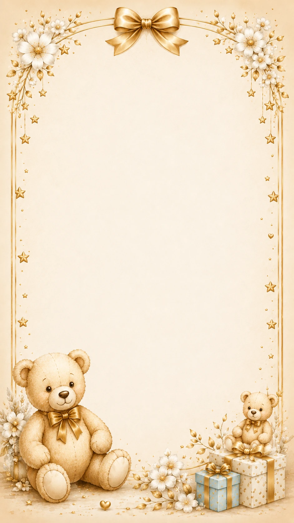 Cream watercolor baby shower frame with gold bow arch, teddy bear and gift boxes