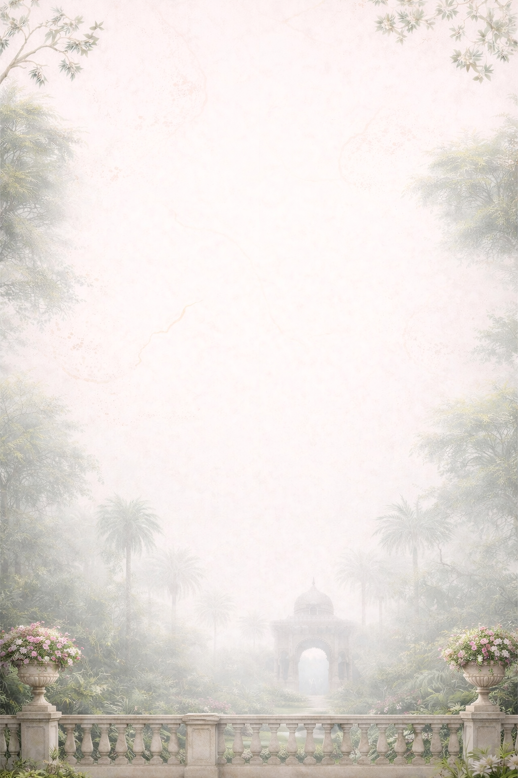 Misty palace garden scene with a stone balustrade and palm trees