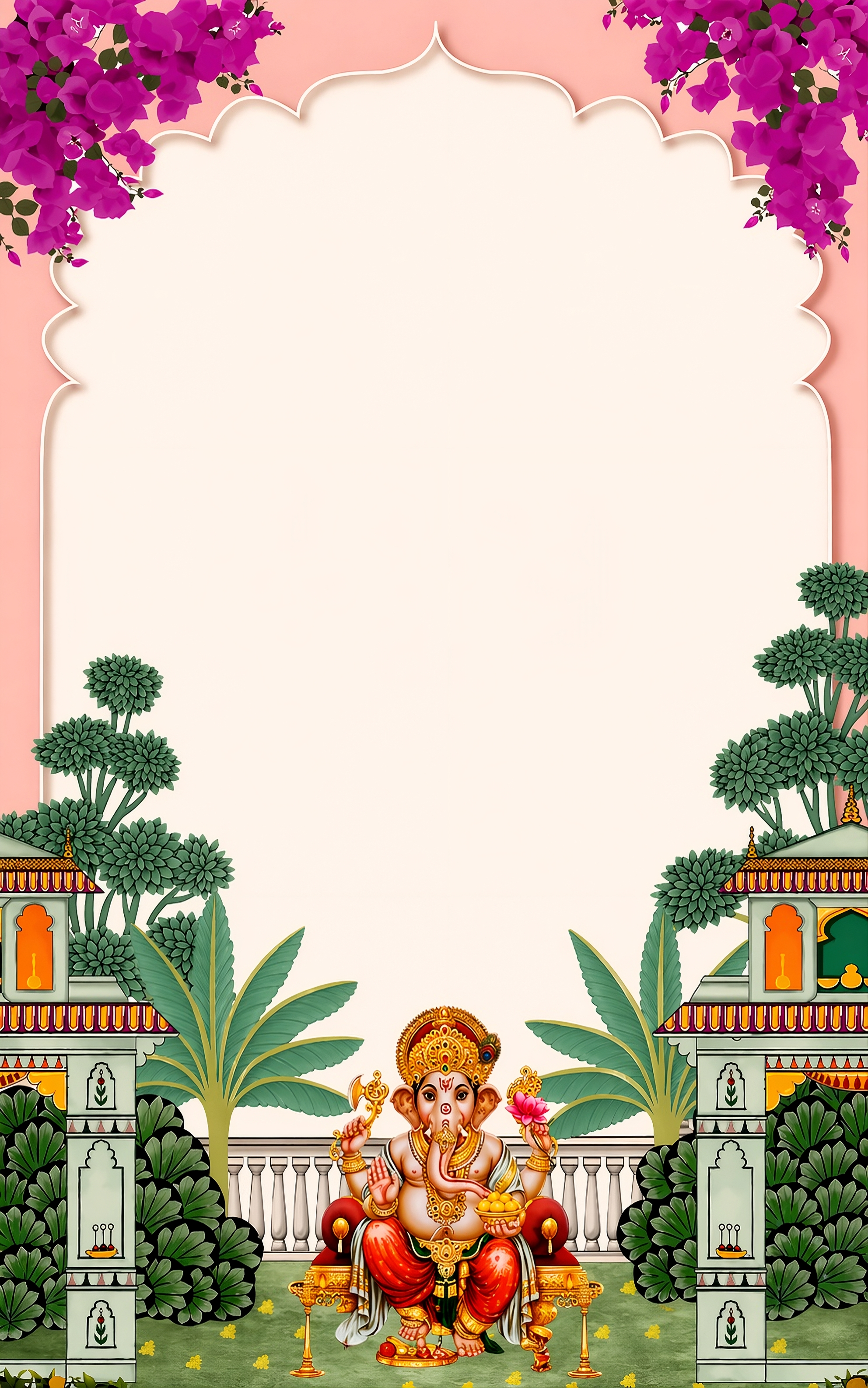 Pink background illustration of Lord Ganesh seated on a throne between palace pavilions