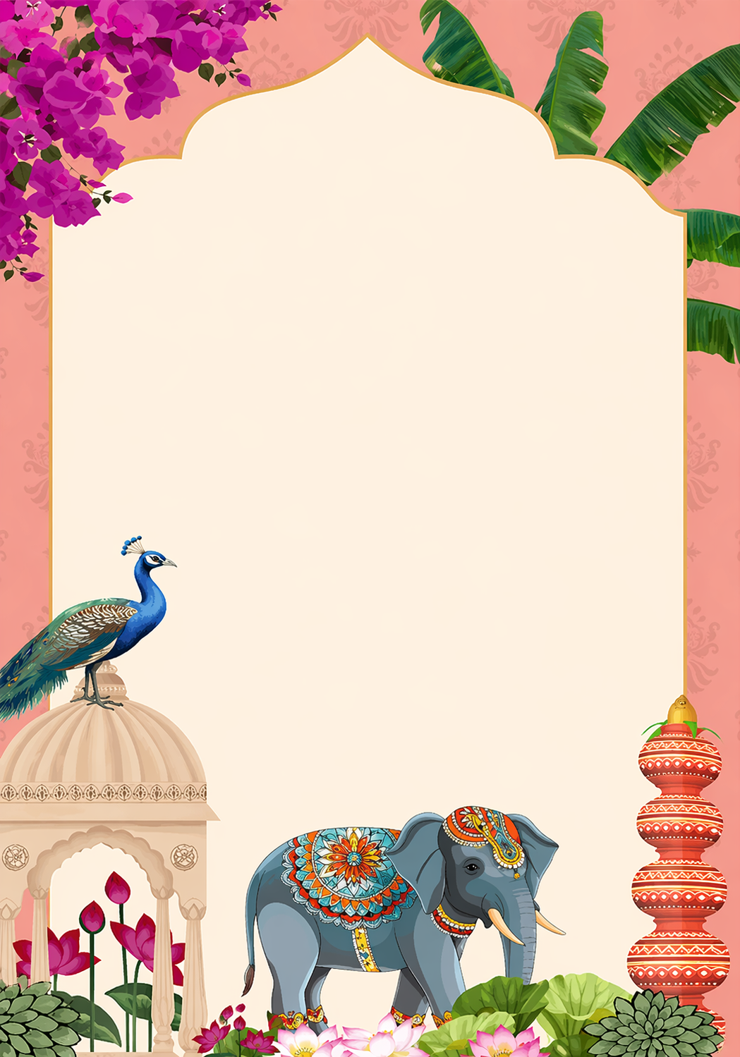 Pink archway frame with a peacock, a decorated elephant and a temple dome