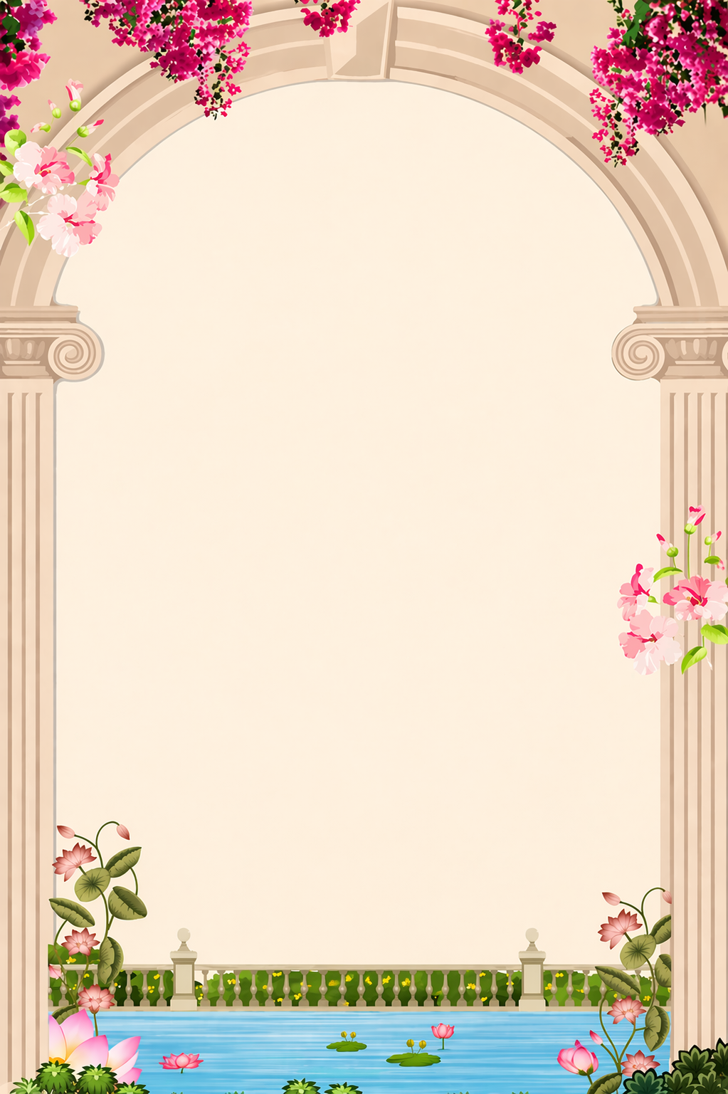Cream arched frame with pillars, bougainvillea and pink lotus flowers overlooking a lily pond