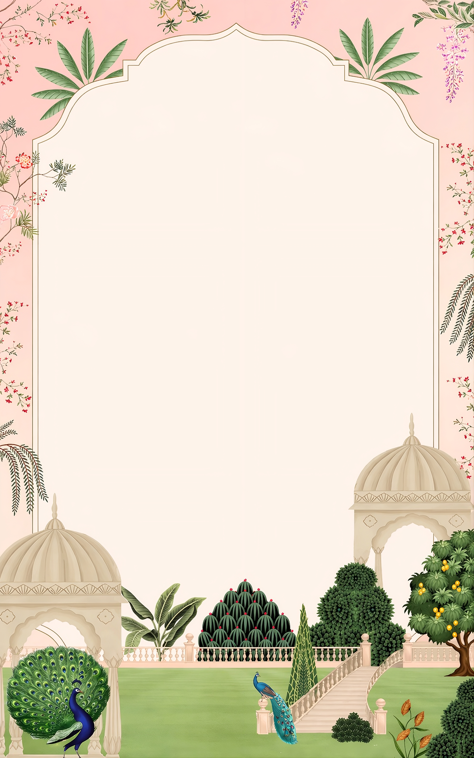 Pink and cream archway frame with peacocks, palm leaves and garden domes
