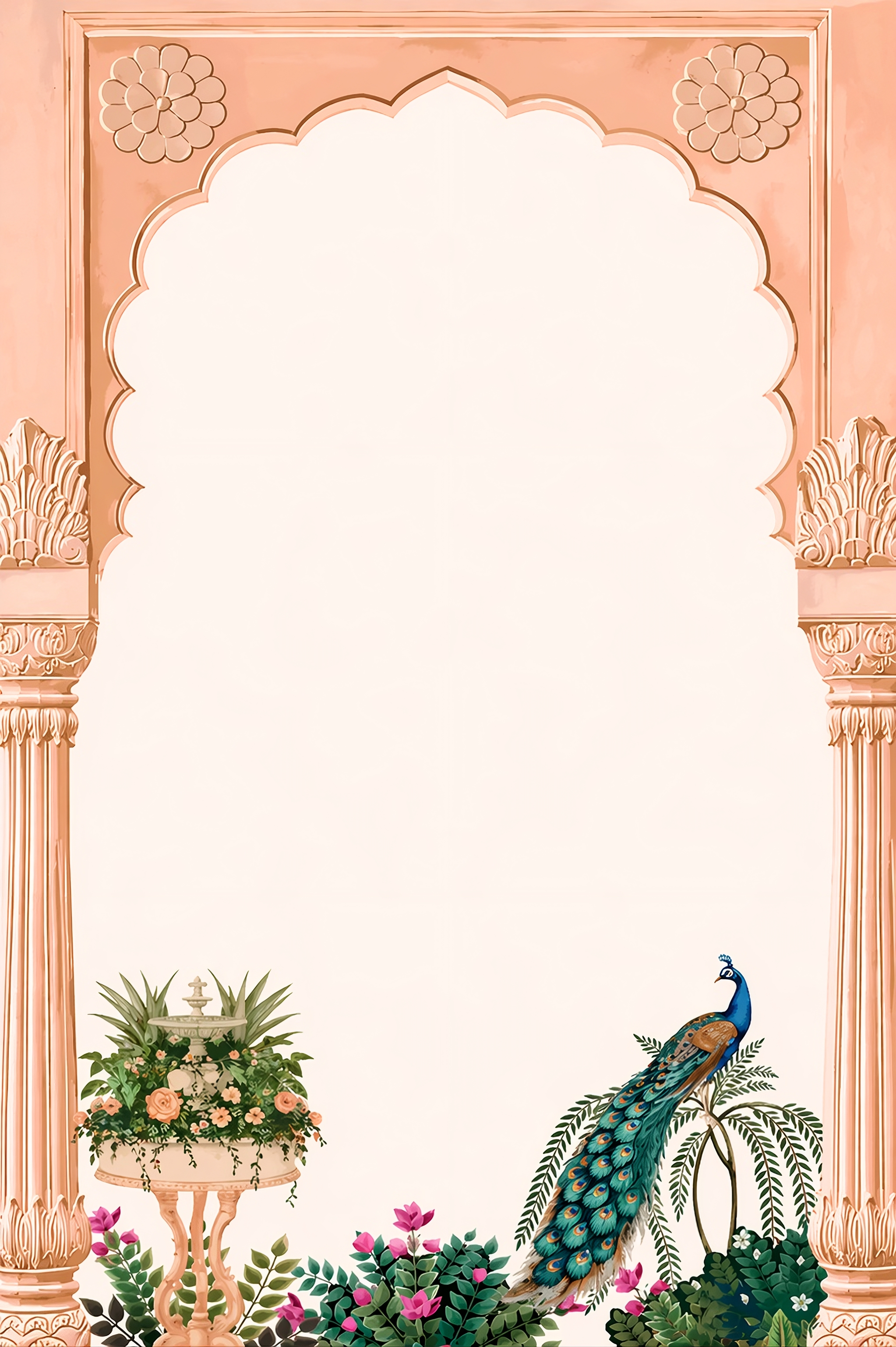 Peach Rajasthani scalloped archway with carved pillars and a single peacock