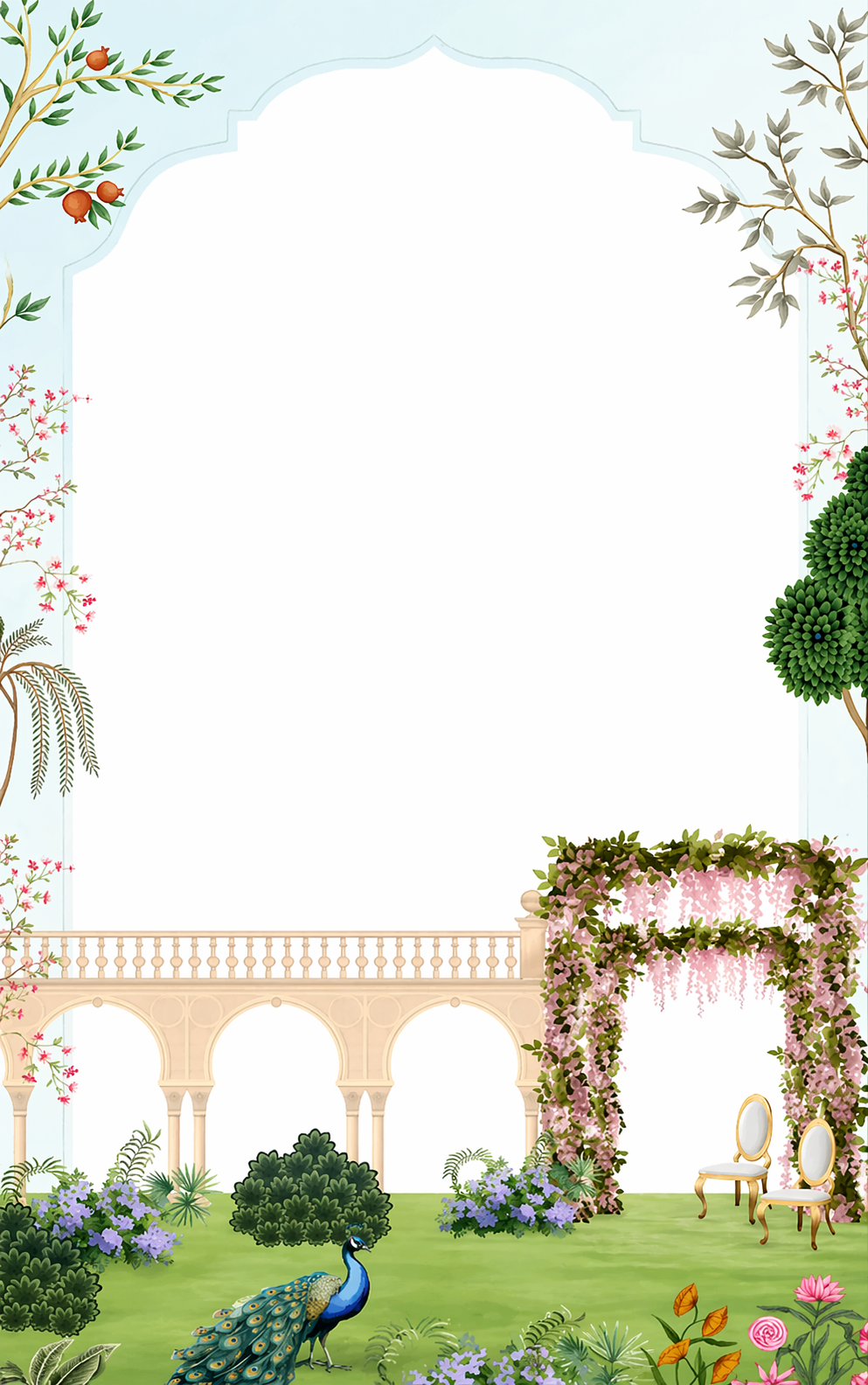 Light blue archway with pomegranate branches, a marble balustrade and a wisteria mandap arch