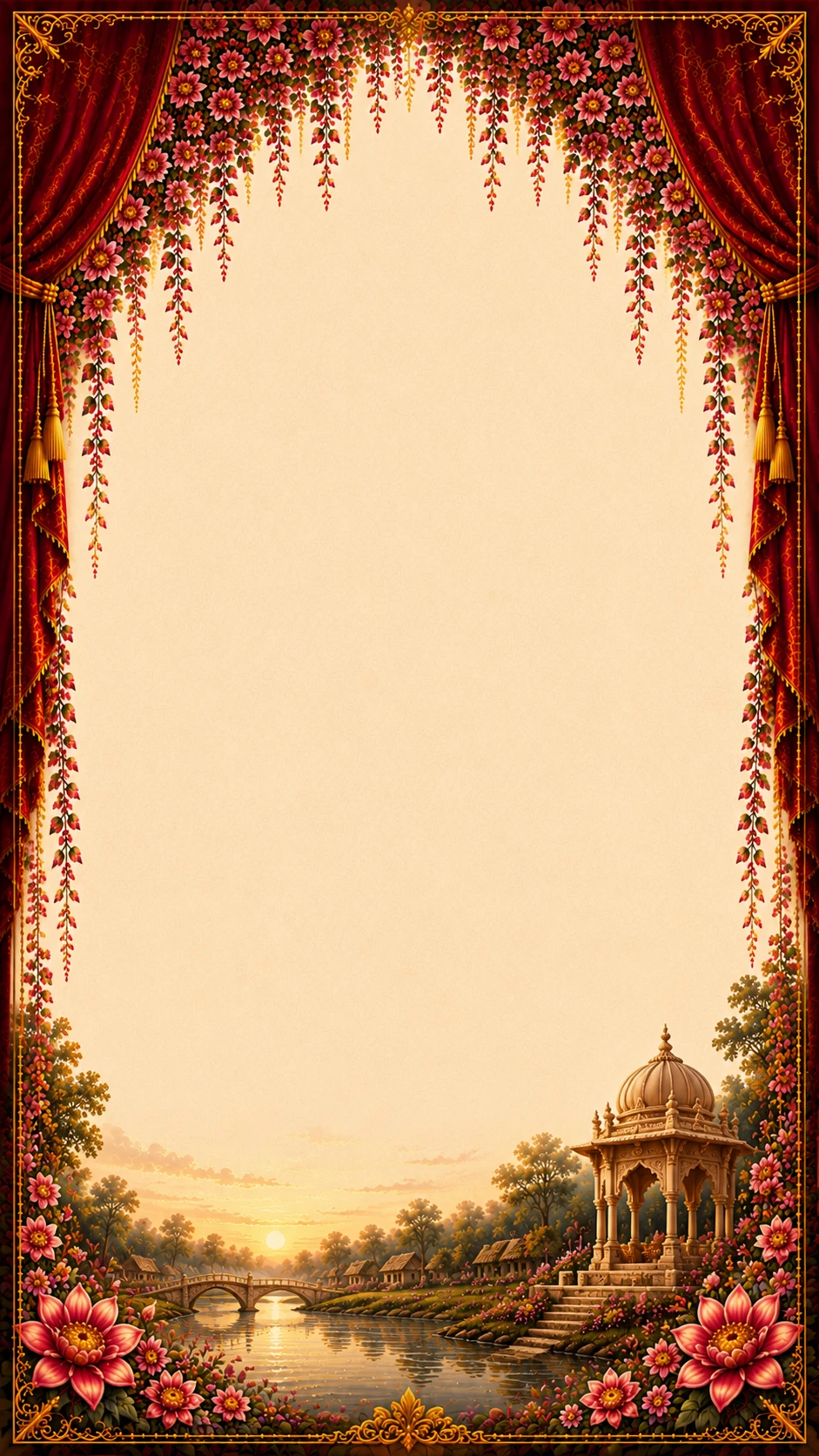 Blush page framed by cherry sprays with a moon gate garden below