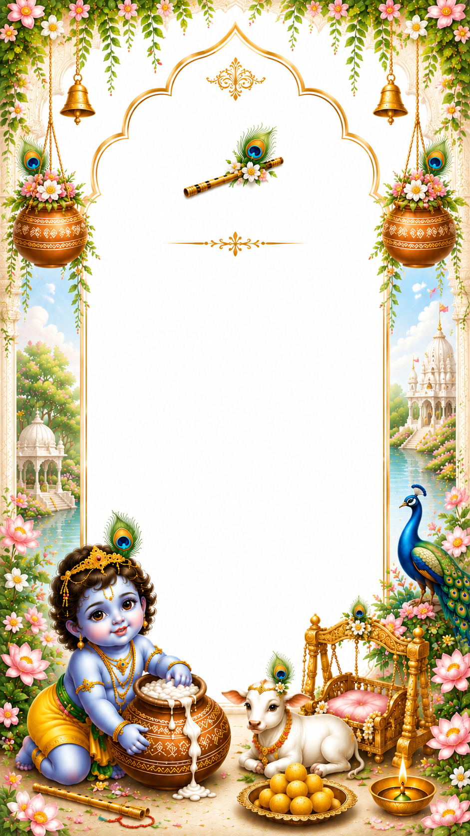 Baby Krishna themed frame with a clay pot of butter, a calf, a peacock and temple domes