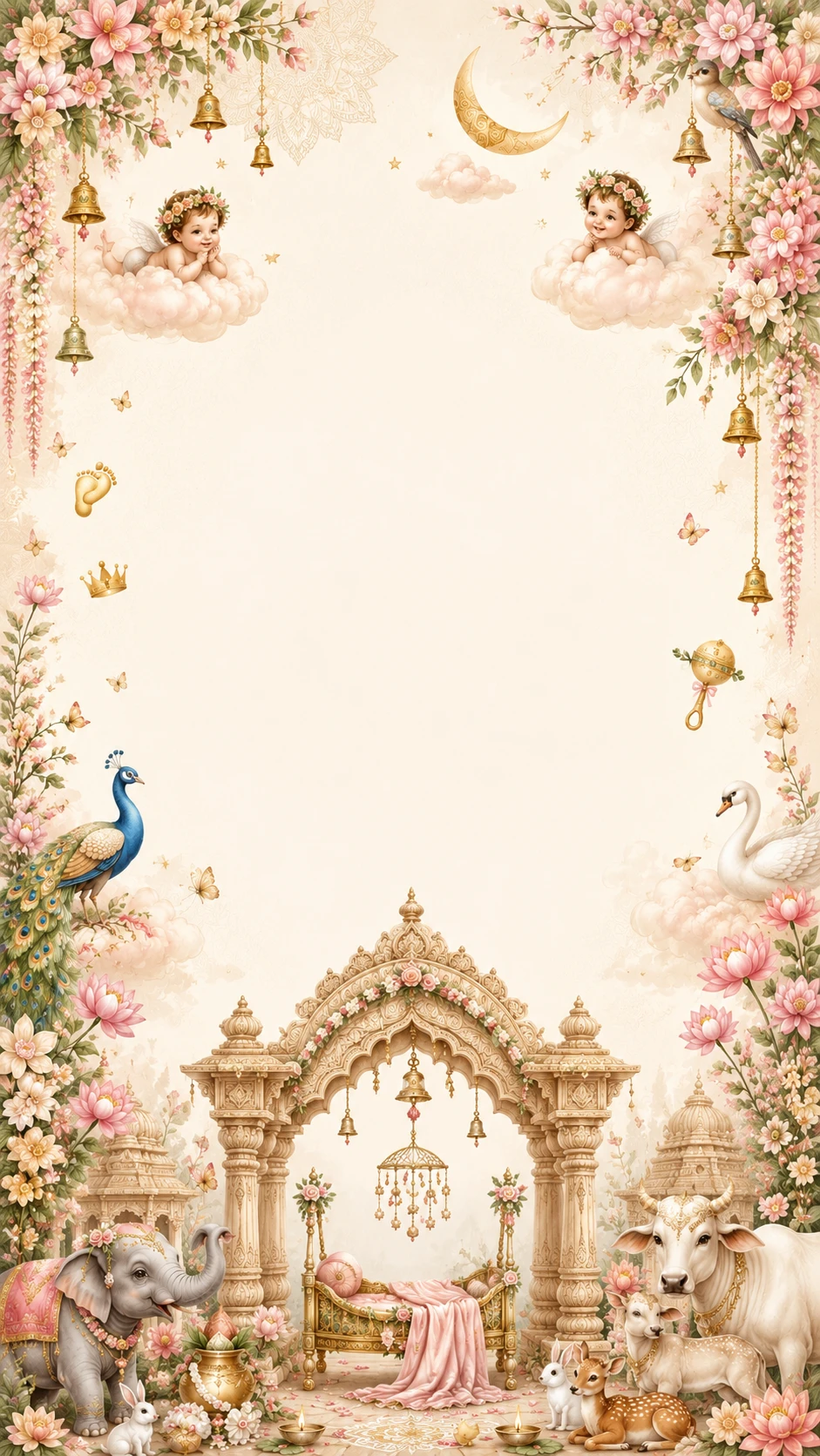 Baby shower frame with cherub angels on clouds, a crescent moon, peacocks, animals and a golden cradle