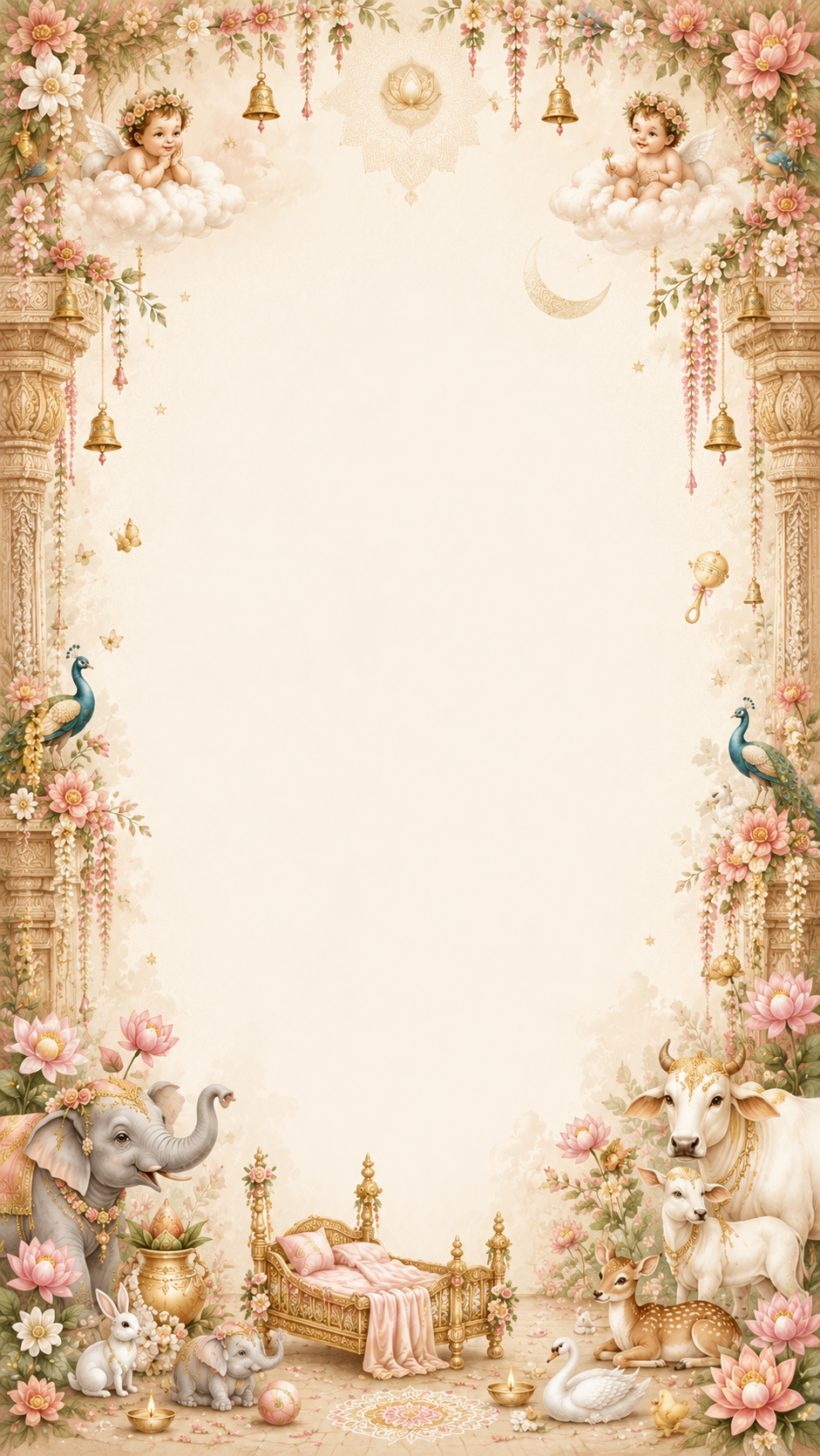 Baby shower frame with cherub angels on clouds, a crescent moon, peacocks, animals and a golden cradle