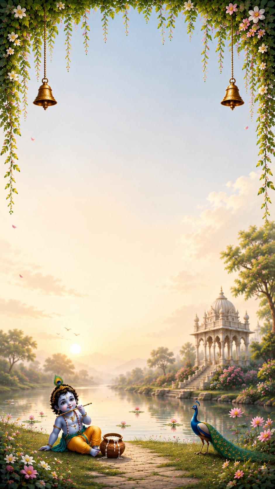 Illustration of baby Krishna sitting by a river at sunset with a temple pavilion and peacock