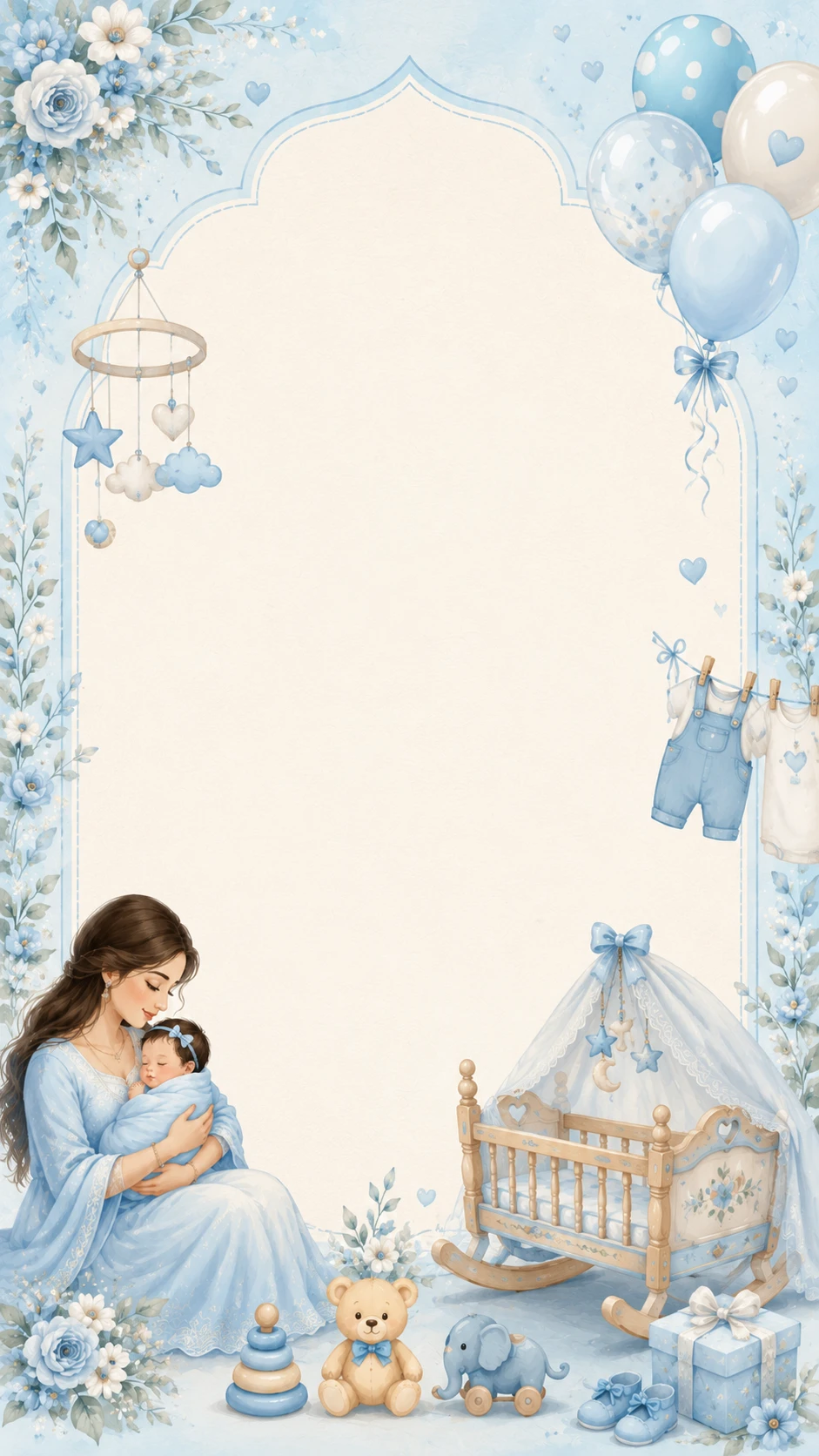 Baby shower frame in a blue theme with a mother holding a baby, a wooden crib and balloons