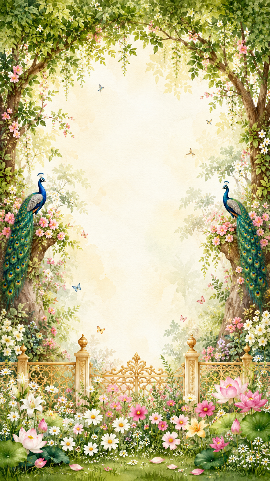 Green garden arch with two peacocks perched on trees, a gold ornamental gate and lotus flowers