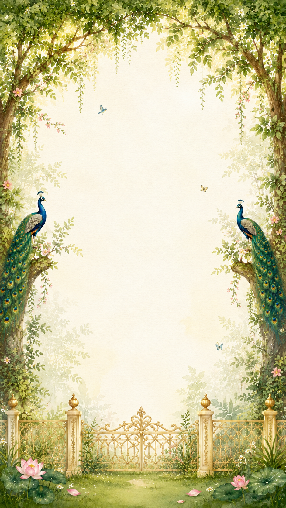 Green garden arch with two peacocks perched on trees, a gold ornamental gate and lotus flowers