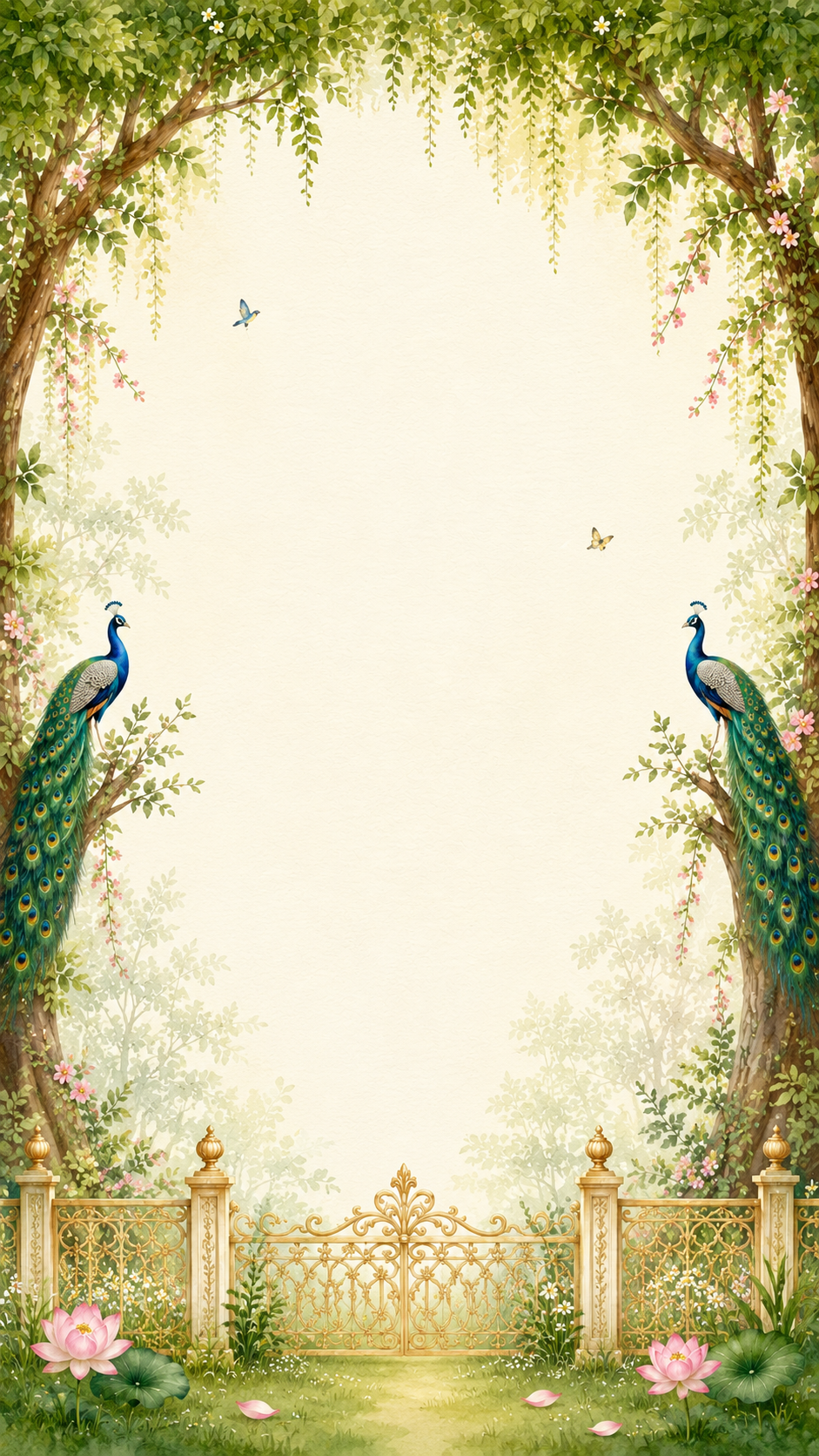 Green garden arch with two peacocks perched on trees, a gold ornamental gate and butterflies