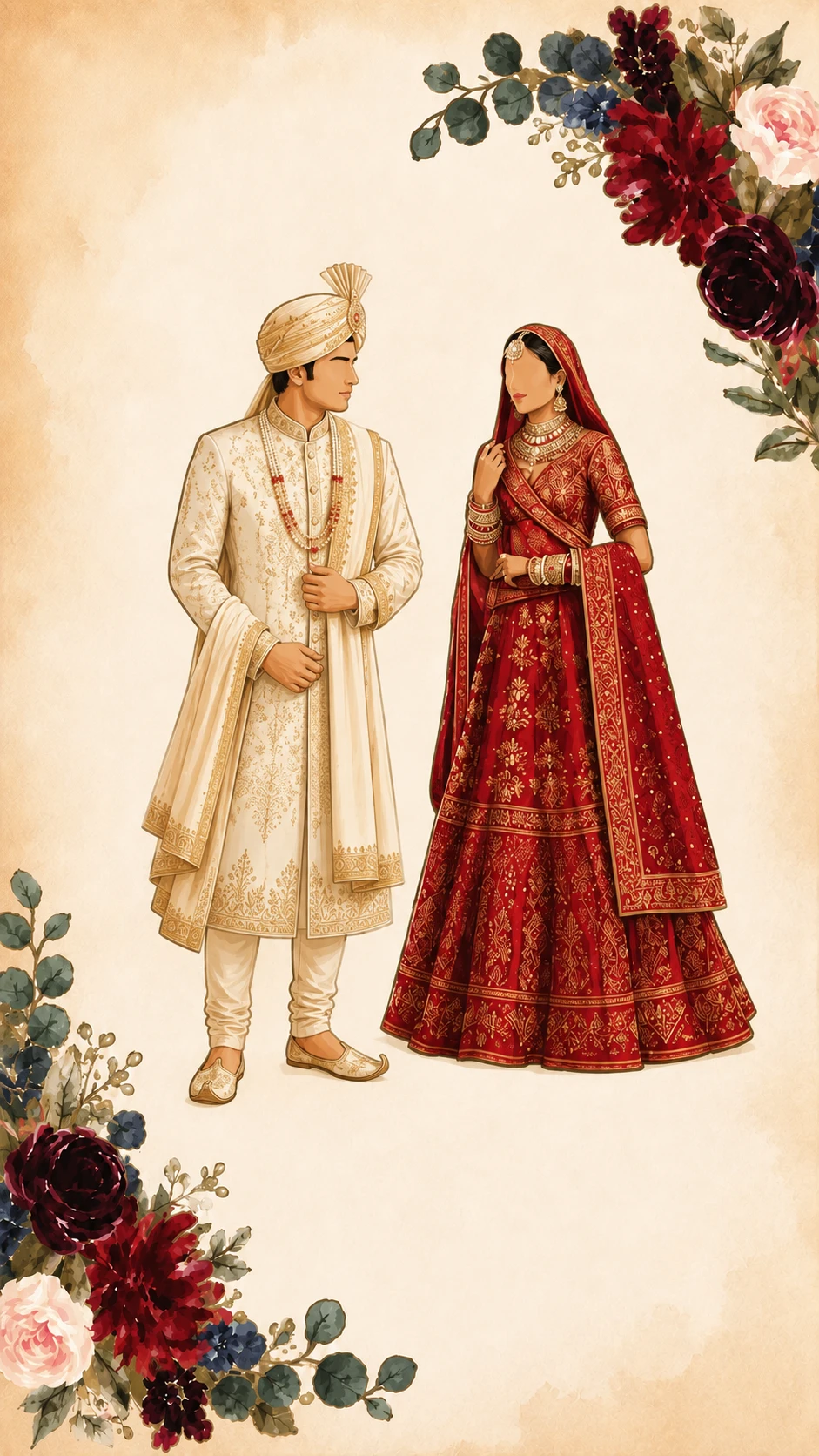 Watercolour illustration of a bride in a red bridal lehenga and a groom in a cream sherwani, framed by burgundy roses and navy blooms on aged cream paper