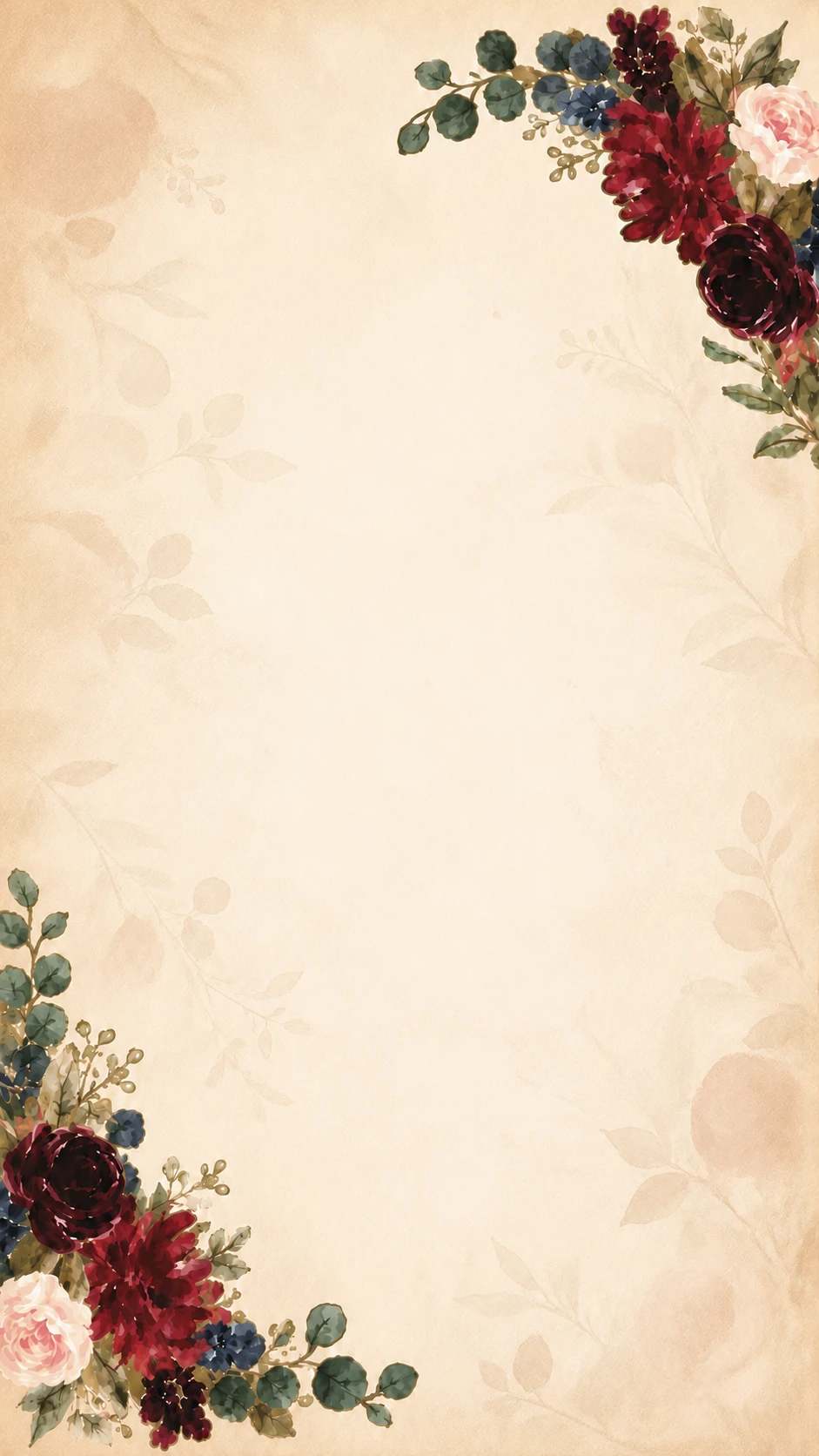 Aged cream watercolour paper with burgundy roses, navy blooms and sage eucalyptus in the top-right and bottom-left corners, clear in the centre for text