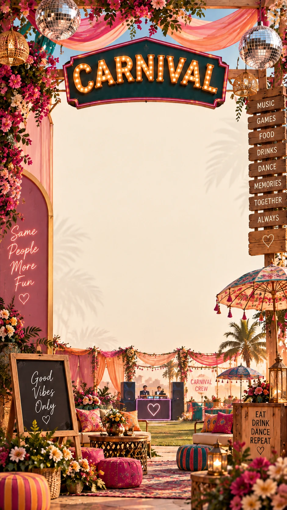Peach sunset carnival invitation backdrop with a lit CARNIVAL marquee sign, disco balls, pink drapes, a wooden signpost, folk umbrella and a poolside DJ lounge