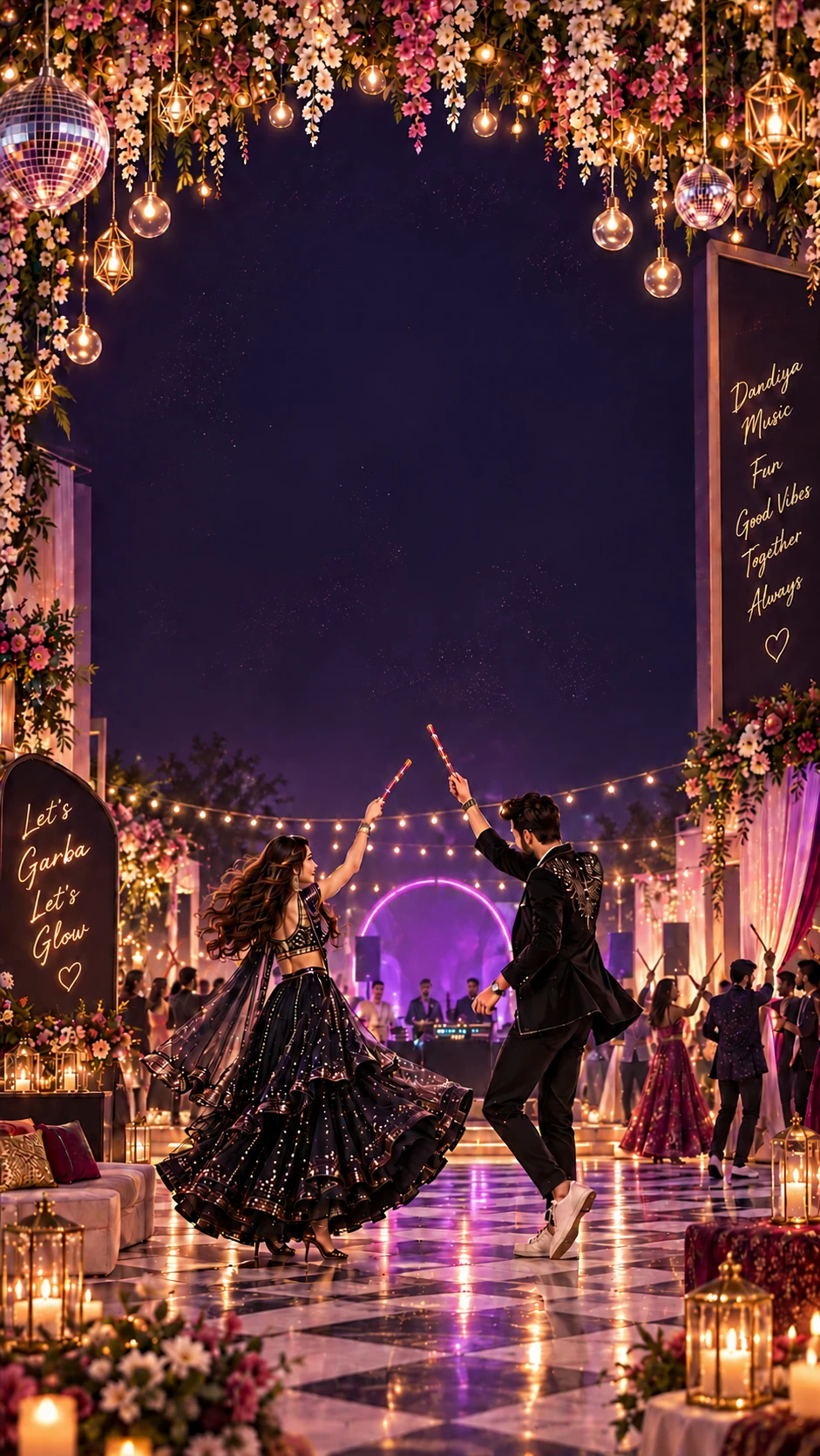 Midnight dandiya night invitation backdrop with disco balls, floral garlands and fairy lights, a couple dancing on a checkered floor before a neon DJ stage