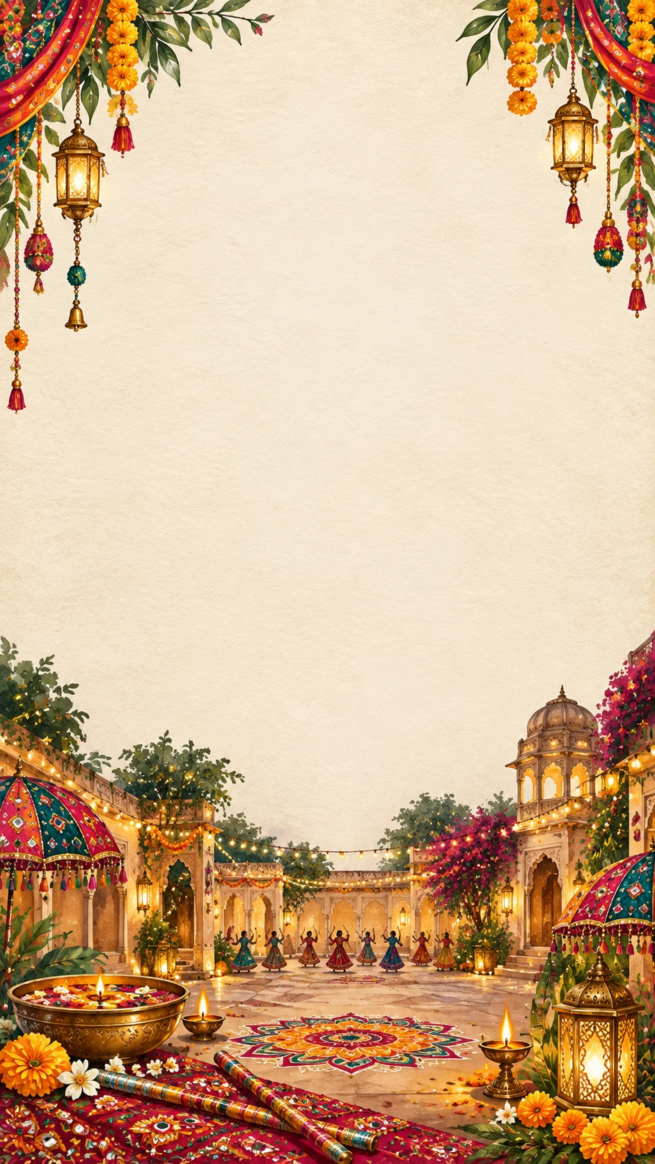 Cream watercolor dandiya raas invitation backdrop with folk umbrellas, marigold swags, string lights, a rangoli courtyard of dancers and painted dandiya sticks