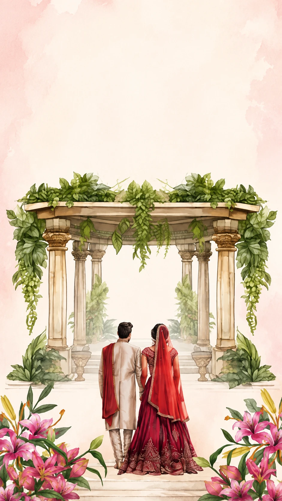 Watercolour illustration of a bride and groom in traditional Indian wedding attire walking hand in hand towards a flower-draped garden pergola, pink lilies blooming in the foreground