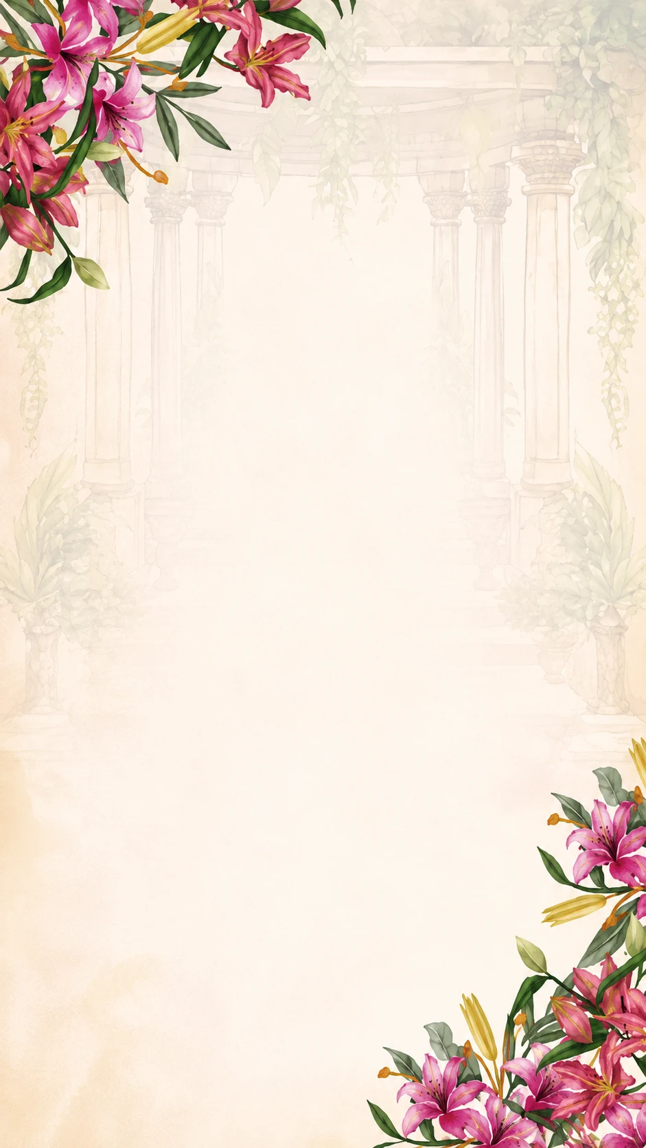 Blush watercolour border with pink lily blossoms in the corners, a faint garden pergola behind, and a clear centre for text