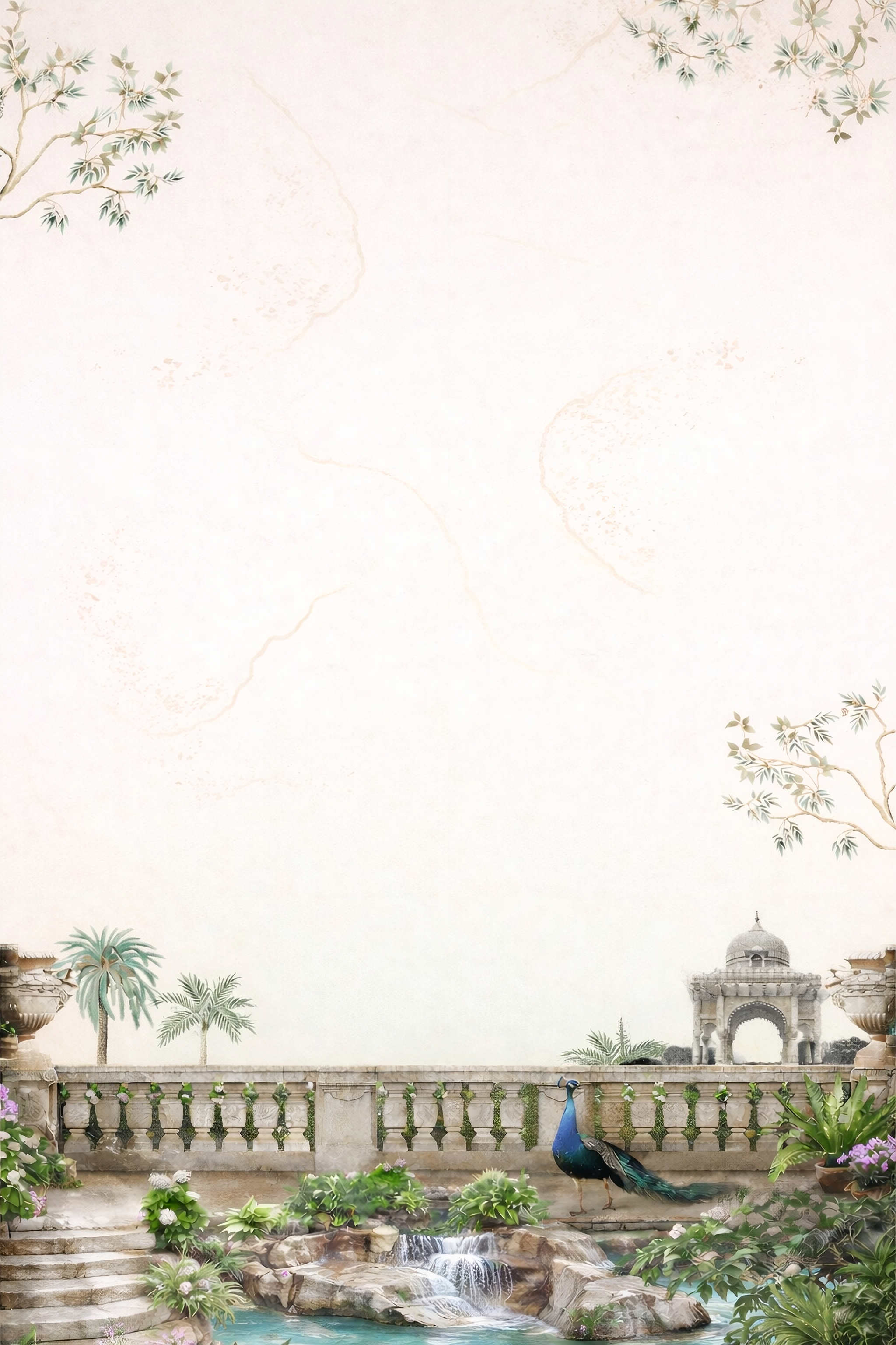 Pale pink-toned palace garden background with a rock waterfall, a peacock and a marble balustrade