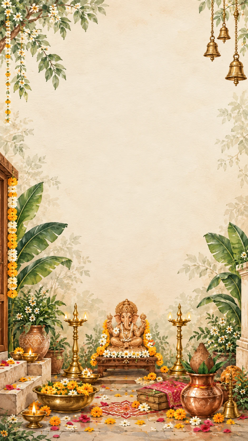 Pale sandstone vastu puja invitation backdrop with a garlanded golden Ganesh idol, copper kalash with coconut, brass oil lamps, banana leaves and marigold offerings