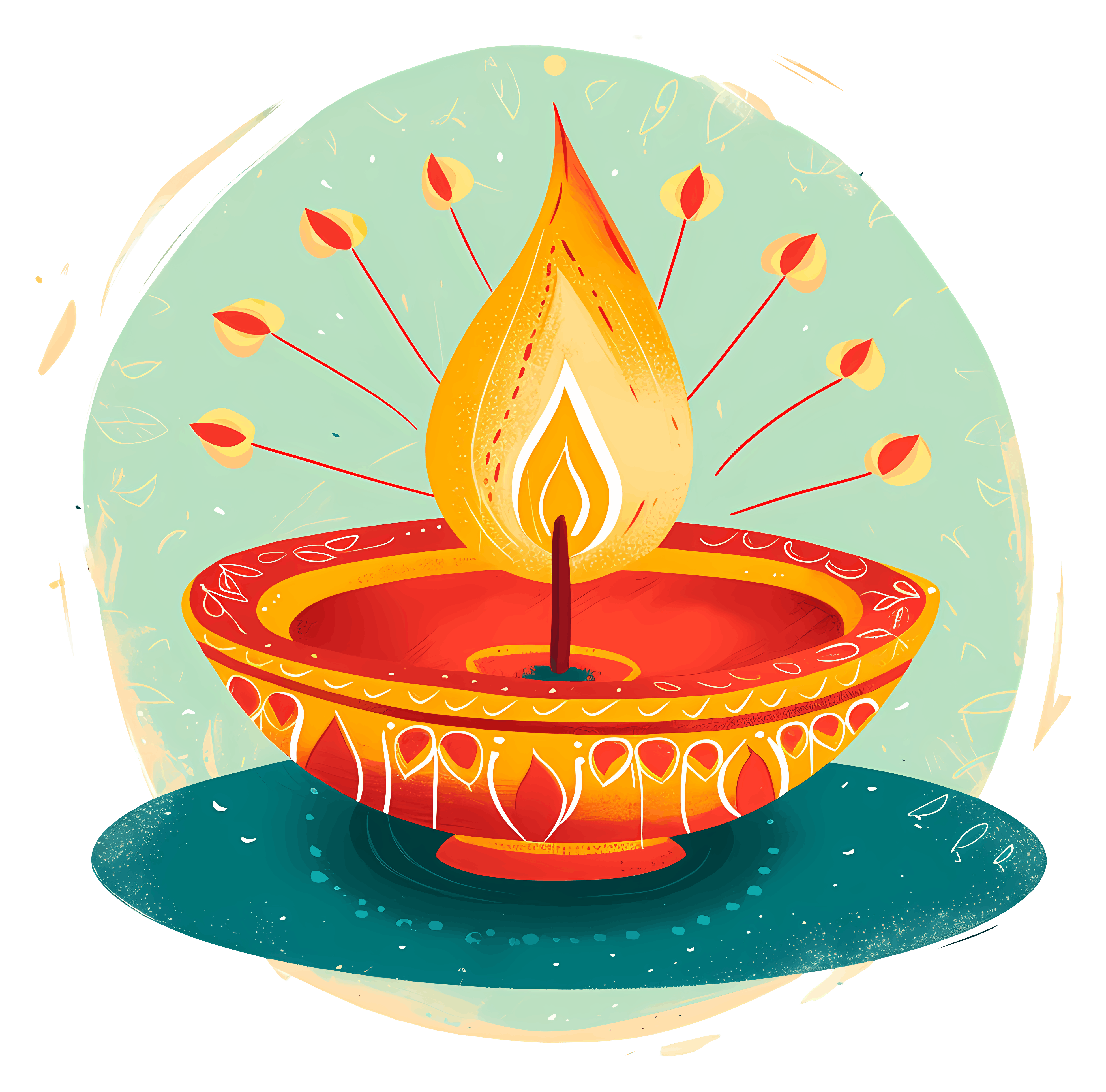 Painted clay diya with a tall flame on a teal roundel