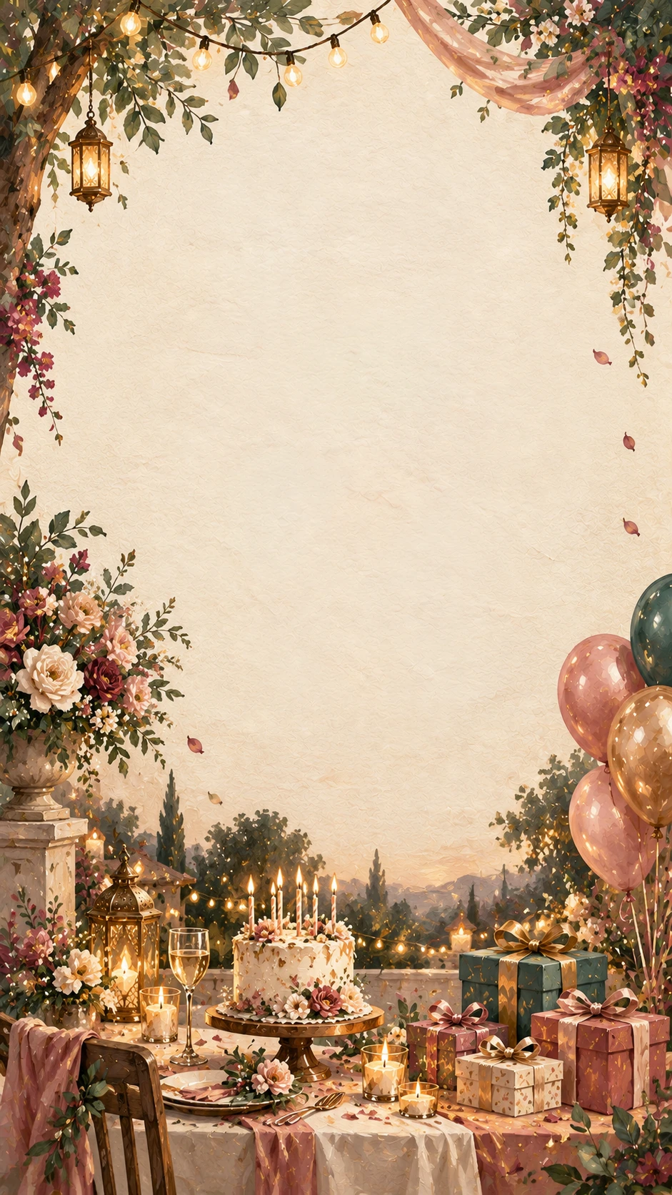 Cream watercolor birthday invitation backdrop with a tiered candle-lit cake, blush and gold balloons, wrapped gift boxes, rose bouquets and hanging lanterns over a sunset garden table