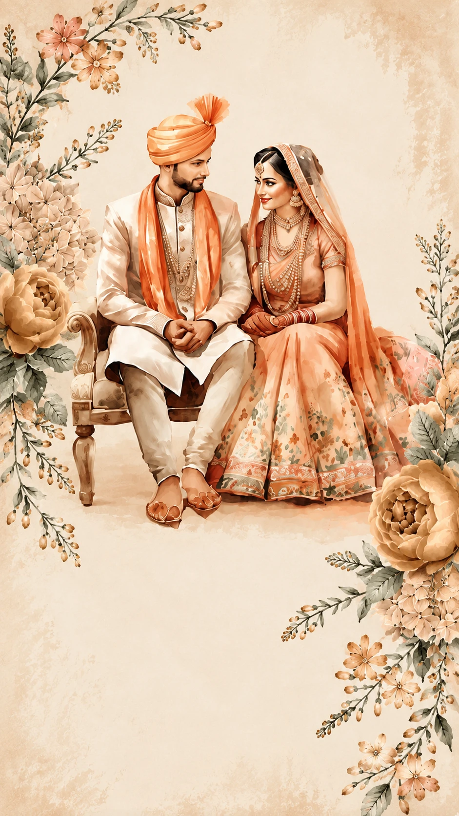 Watercolour illustration of a bride and groom in traditional Indian wedding attire seated side by side, framed by golden peonies and sage foliage