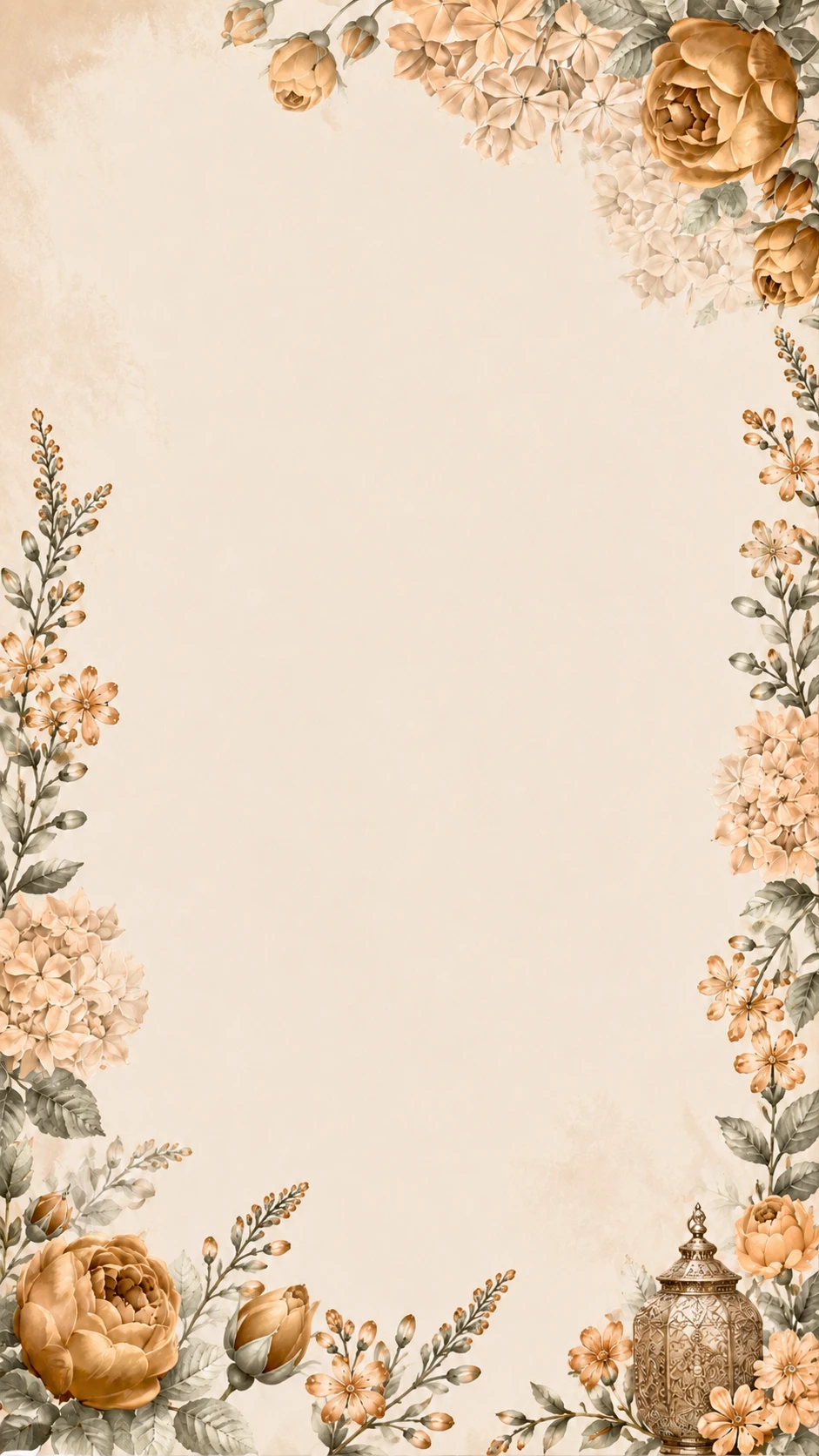 Gilded watercolour border of golden peonies, hydrangeas and sage leaves framing a clear cream centre for text