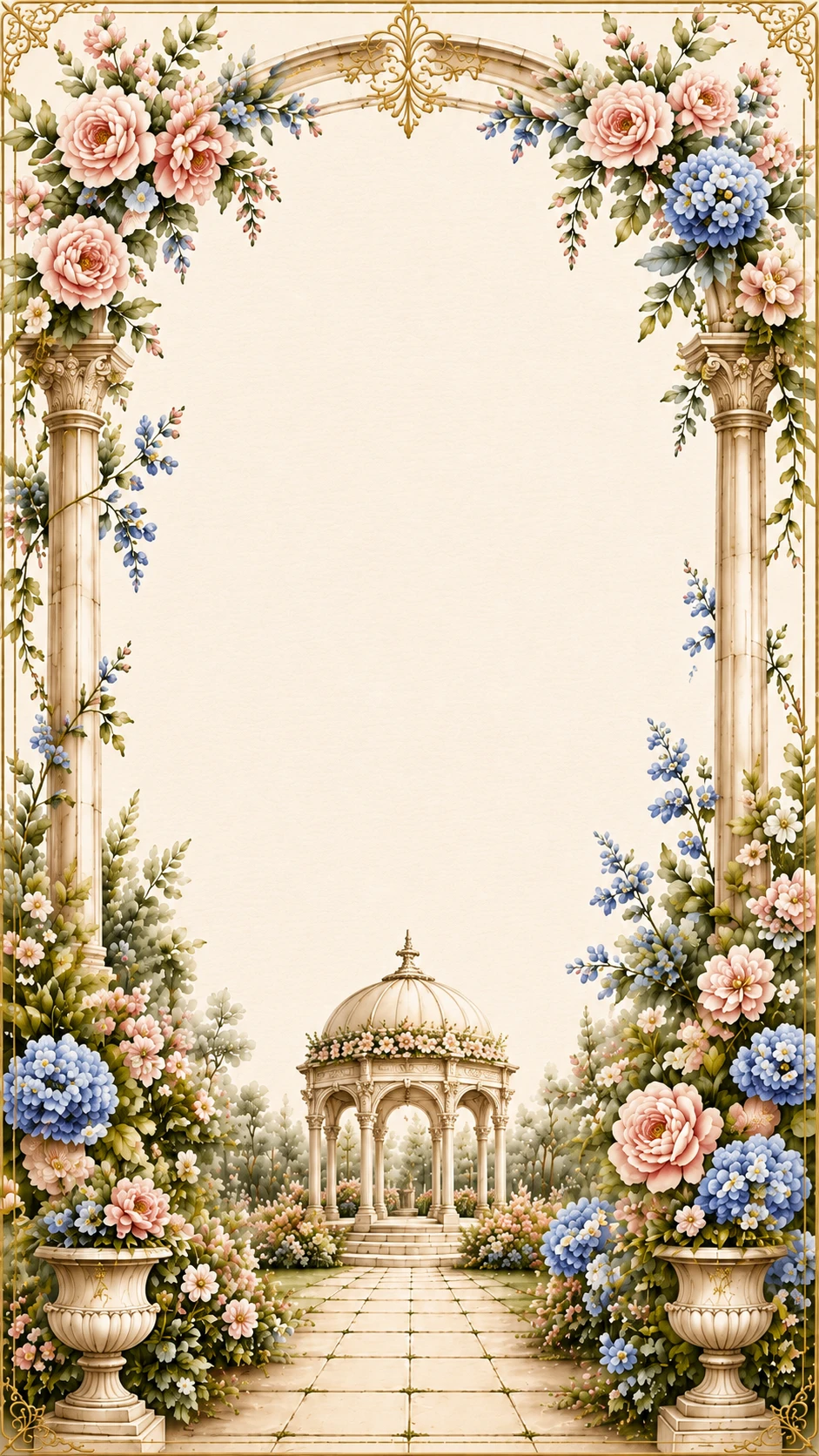 Ivory floral arch framing a small garden gazebo between cypress trees