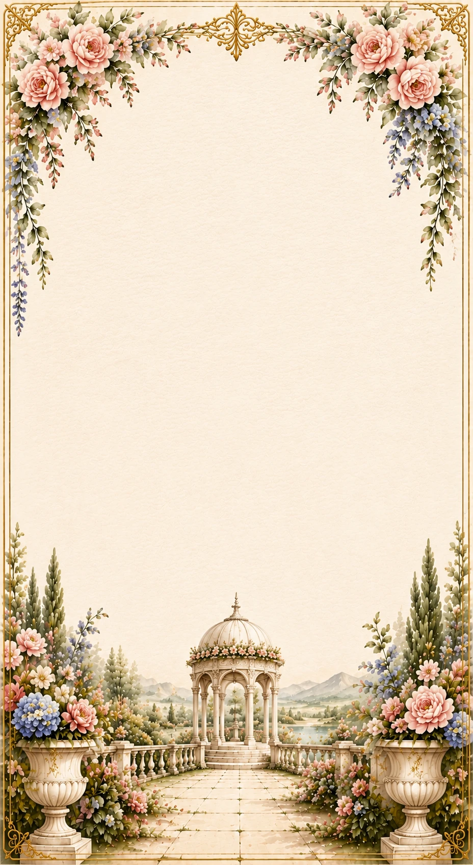 Cream page with a corner gazebo and blush roses along the lower edge