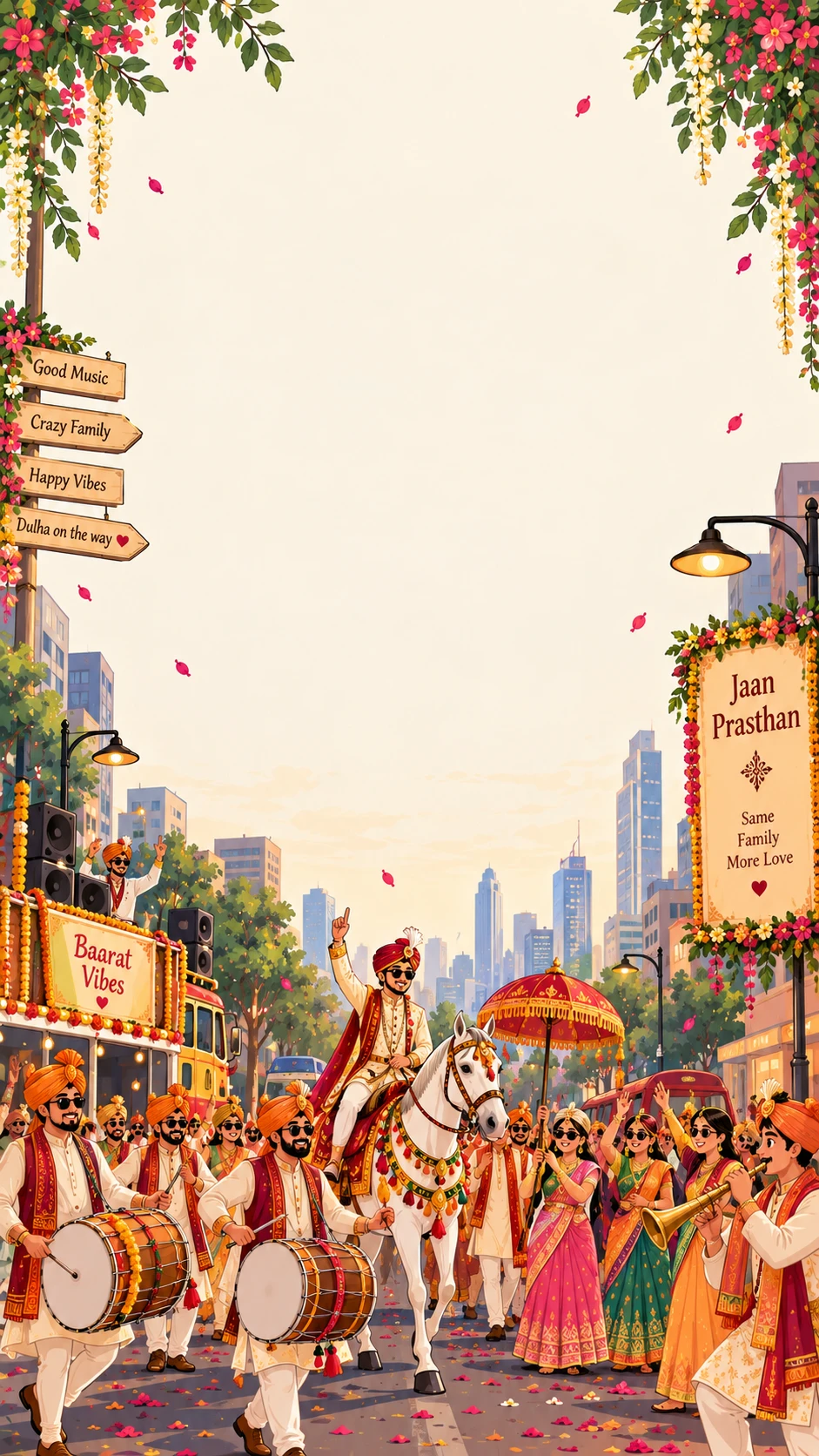 Cream city-street baraat invitation backdrop with a groom on a white horse under a red chhatri, dhol players, dancing guests, floral signposts and a skyline