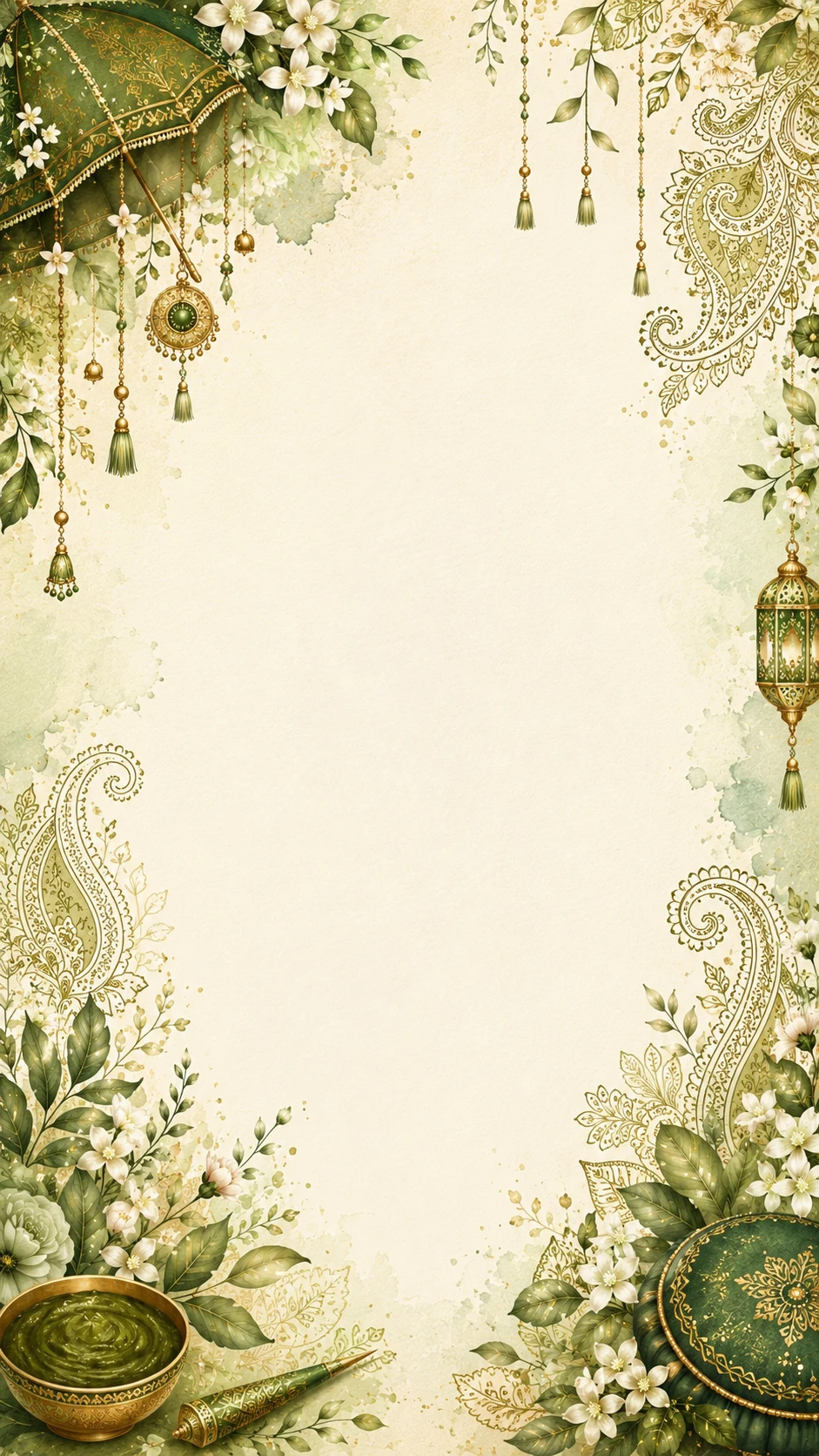 Watercolor mehndi invitation backdrop of jasmine flowers, deep green leaves, golden henna paisleys and glowing hanging lanterns