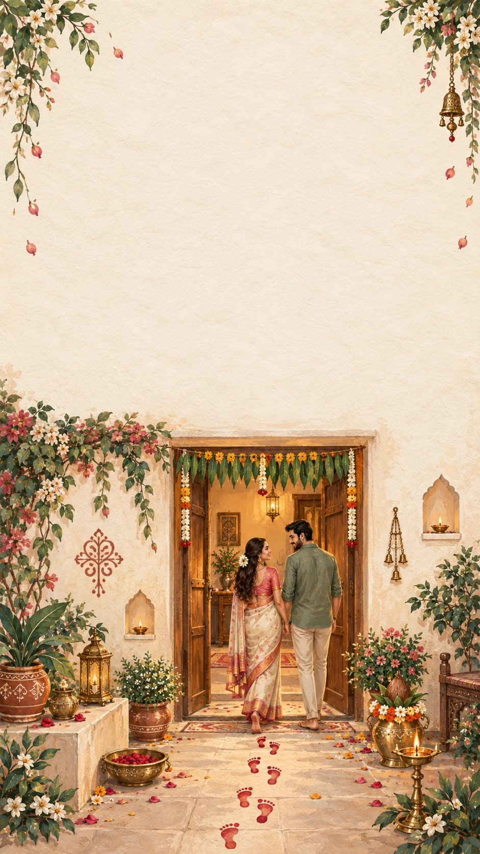 Ivory kanku pagla invitation backdrop with a couple stepping through a garlanded doorway over red kanku footprints, brass lamps, marigold toran and bougainvillea