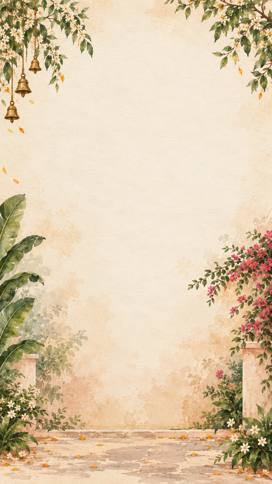 Warm plaster garden wall with hanging brass bells and jasmine at the top corners, banana leaves and bougainvillea at the sides, petals on a stone floor