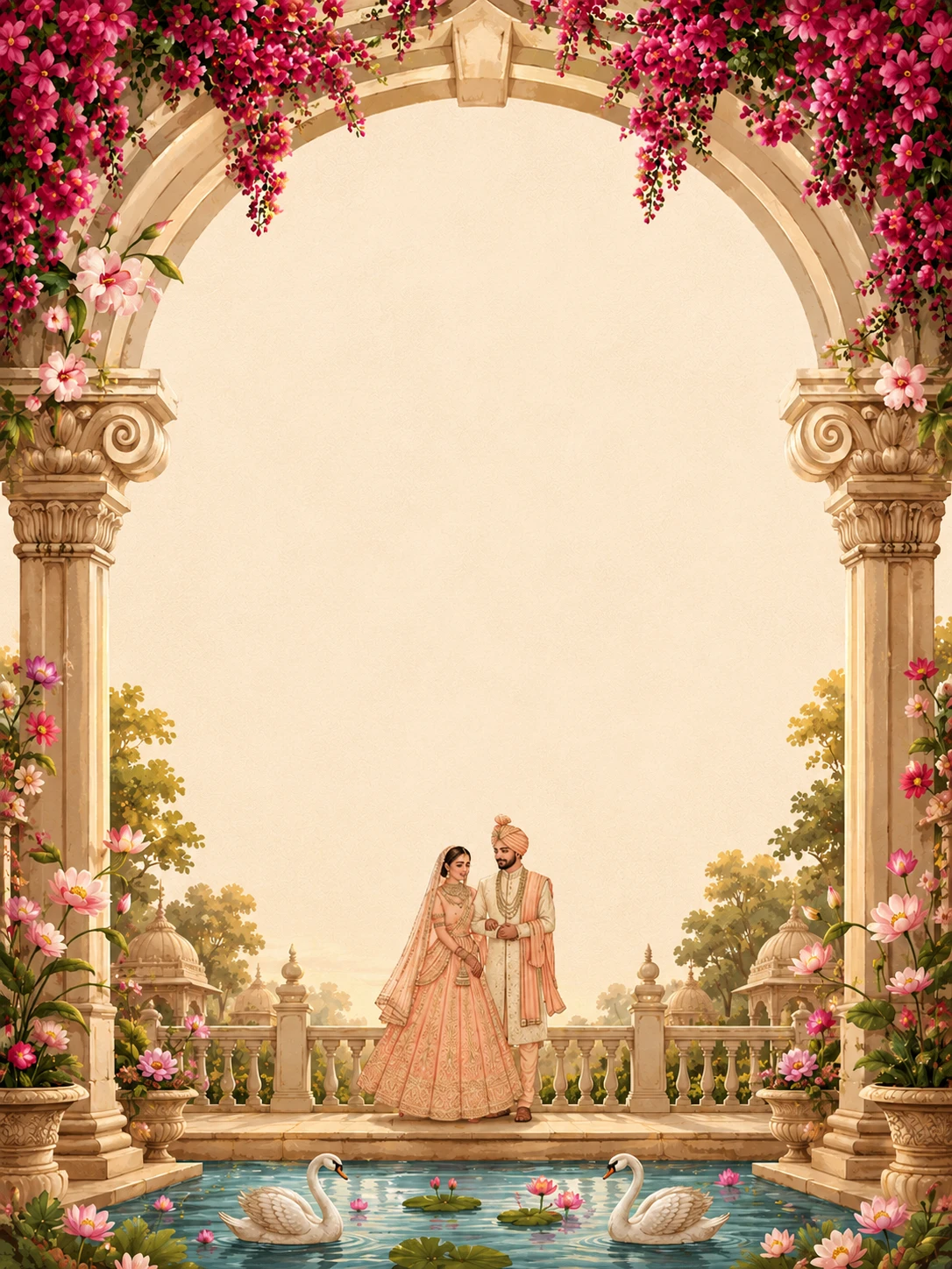 Illustration of a couple standing beneath a bougainvillea-draped archway with swans and lotus flowers