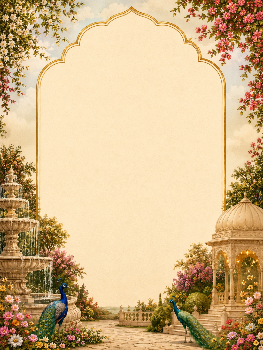 Cream Rajasthani scalloped archway with a marble fountain, a domed pavilion and peacocks