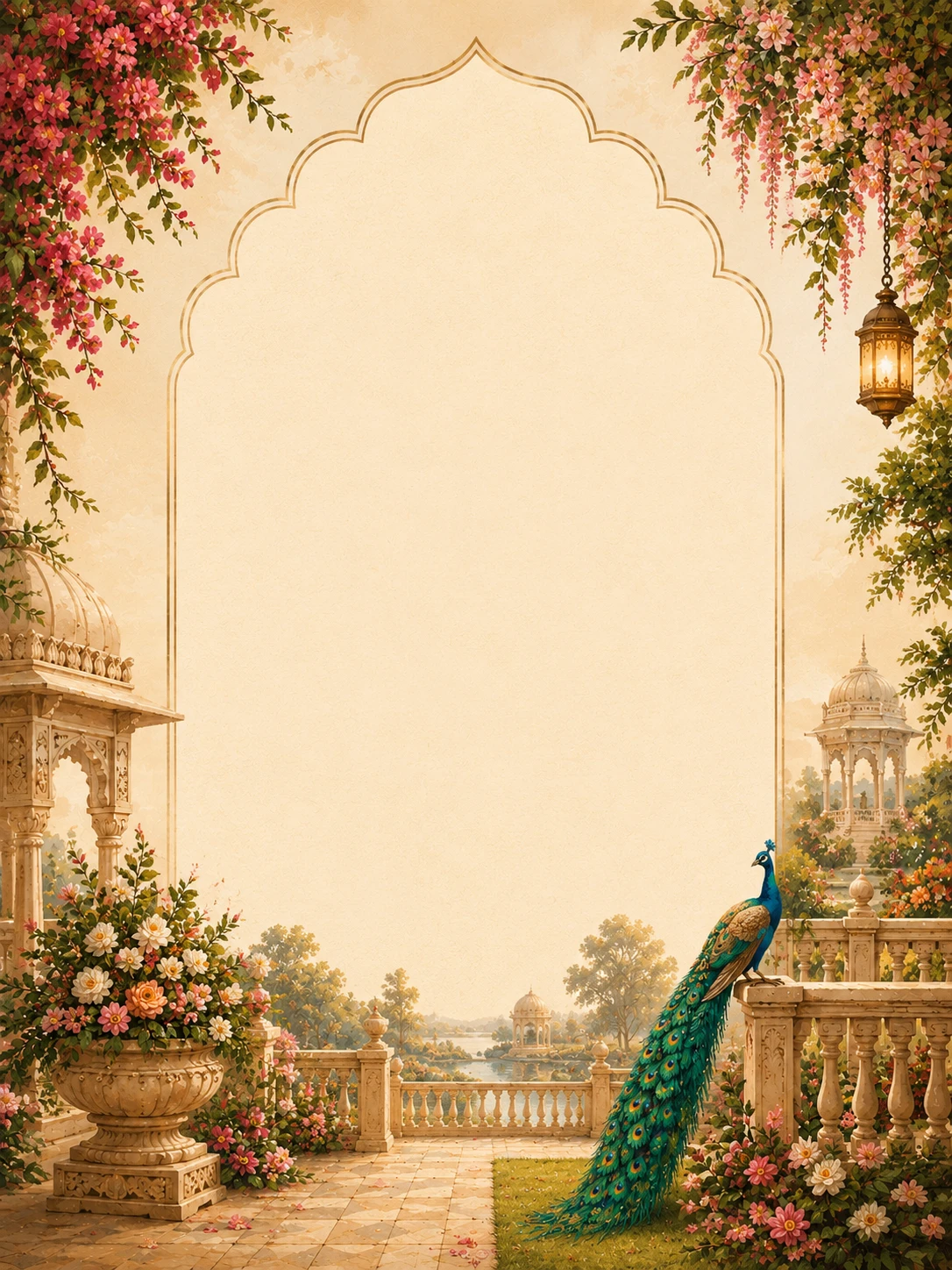 Cream Rajasthani archway with a hanging lantern, a peacock and distant domed pavilions