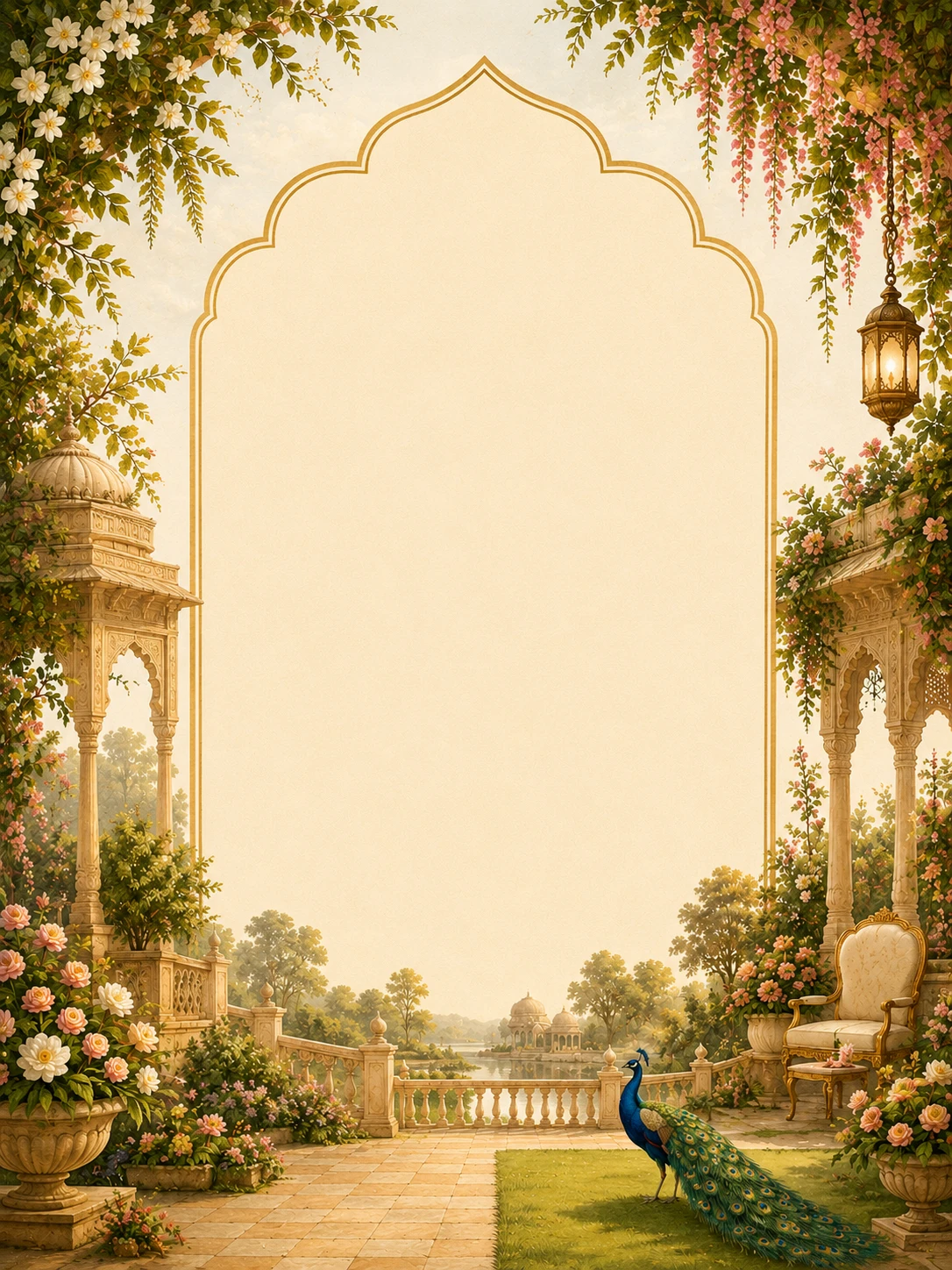 Cream Rajasthani archway with a hanging lantern, wisteria vines and a peacock beside an armchair