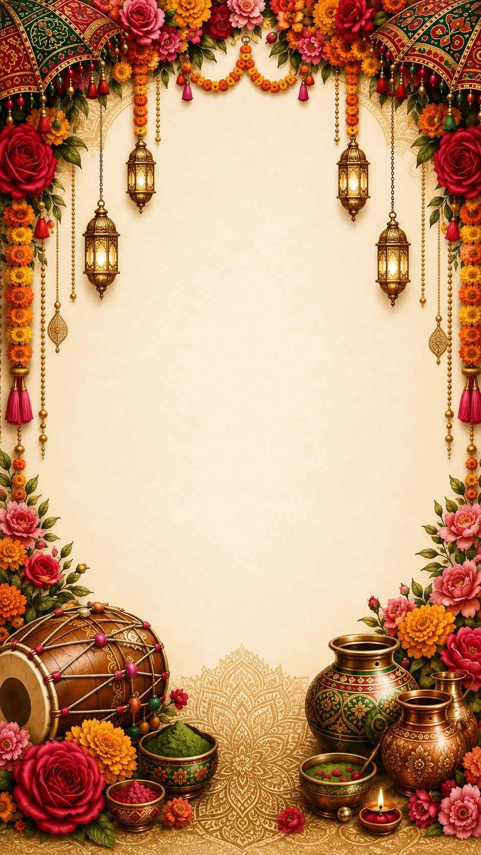 Rich mehndi invitation backdrop with crimson roses, marigold strings, glowing brass lanterns, a dhol and henna bowls on a gold mandala floor